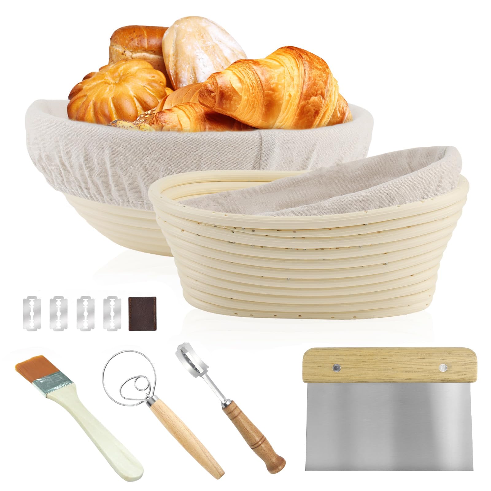 Cestino Lievitazione Pane 2 Pezzi Cestino Pane in Rattan Naturale Con Impastatrice Fodera di Lino Raschietto per Impasto di Pane Pizza e Pasticceria (Rotondo da 23 cm e Ovale da 21 cm)