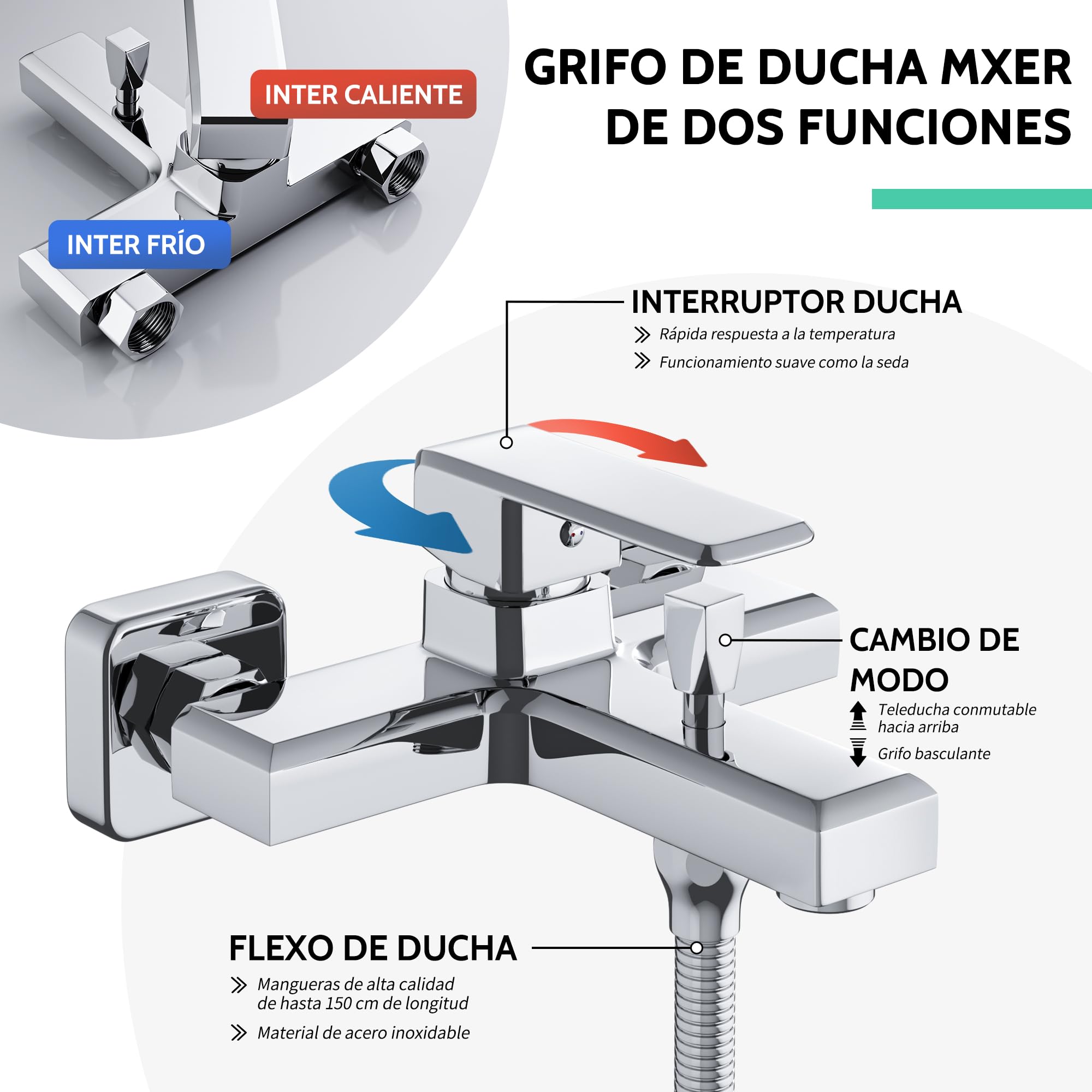 MORADO Mezclador de ducha monomando, grifo de ducha monomando montado en la pared con manguera de ducha de 150 cm y ducha de mano de 3 funciones, latón macizo, acabado cromado, forma cuadrada, montado