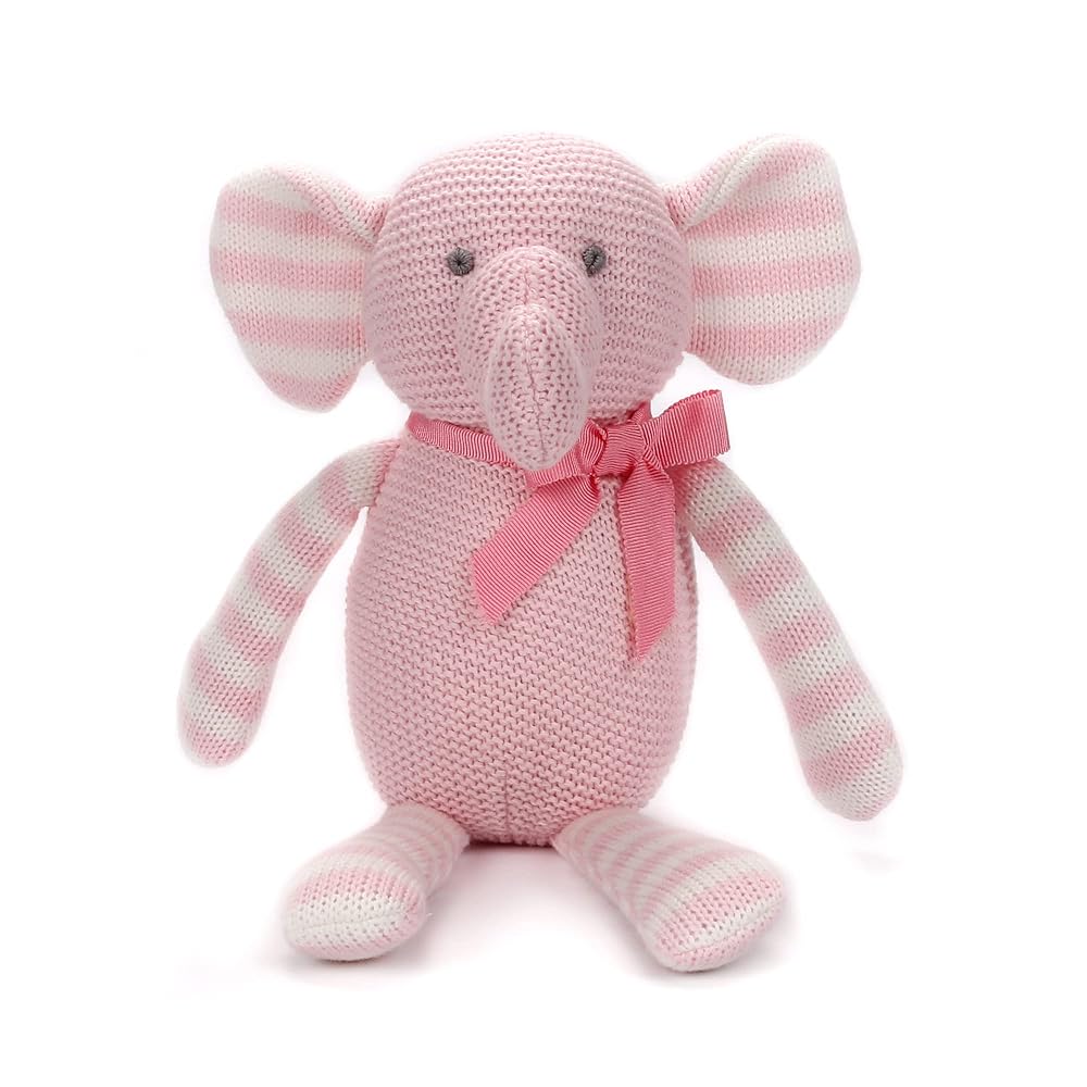 FLUFFYFUN 100% Organic Cotton Baby Toys Pink Elephant Stuffed Animals for Newborn 7.1