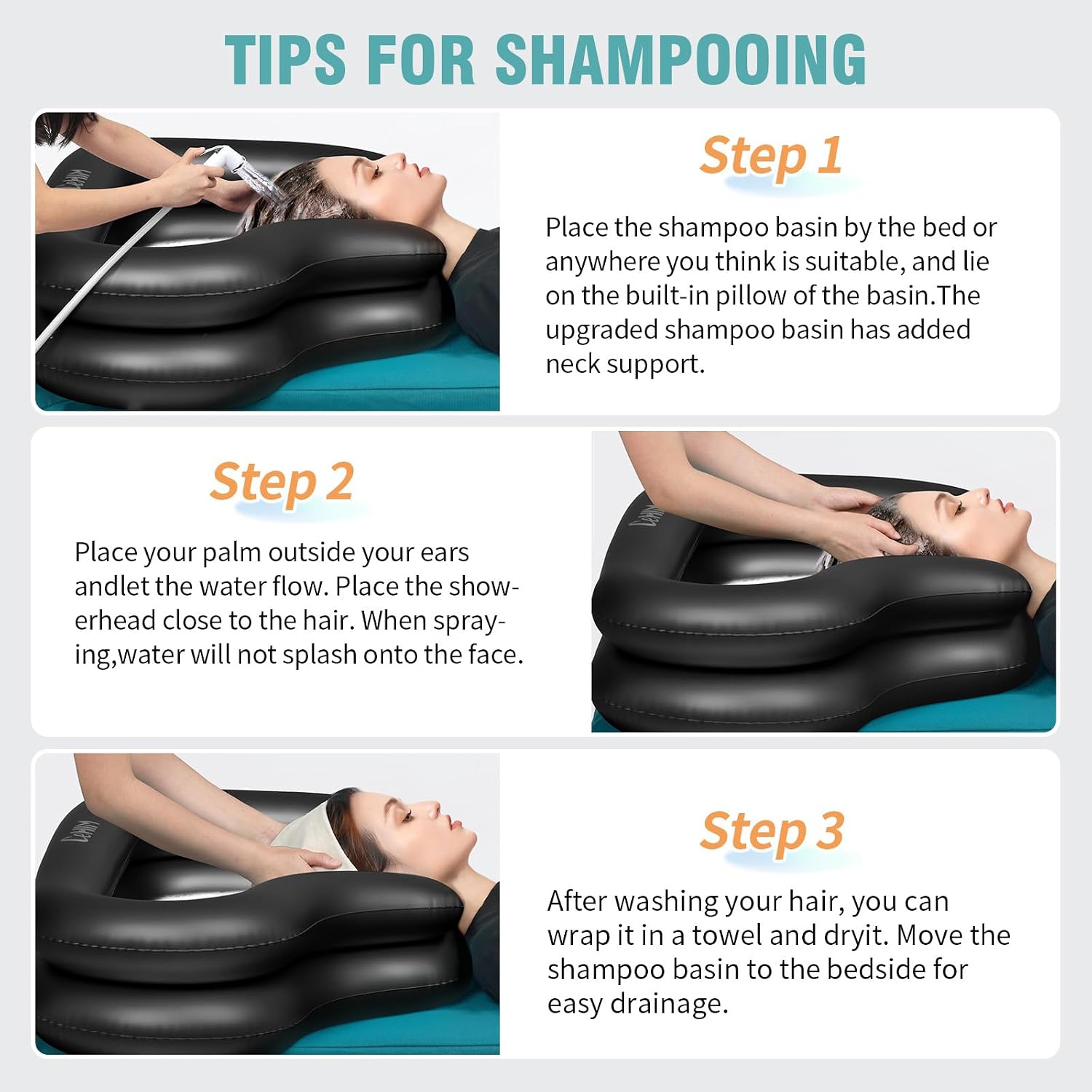 Inflatable Shampoo Basin for Elderly with Drain Hose, Bedside Hair Washer