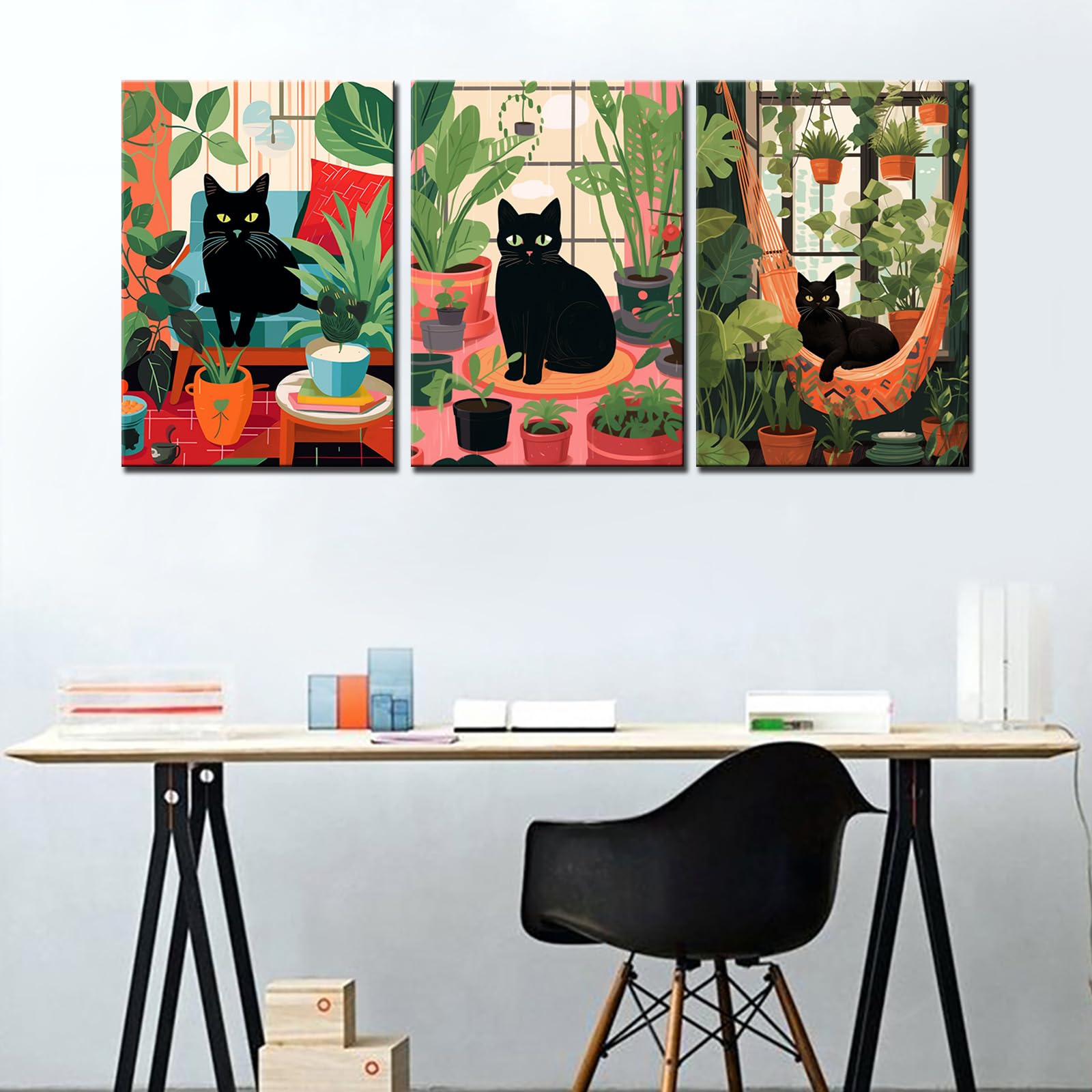 Green Leaves Animals Art Work for Home Walls Black Cat Surrounded by Potted Plant Pictures Bathroom Paintings 3 Panels Canvas Lovely Art Home Decor for Living Room Framed Ready to Hang 48''Wx24''H - Image 2