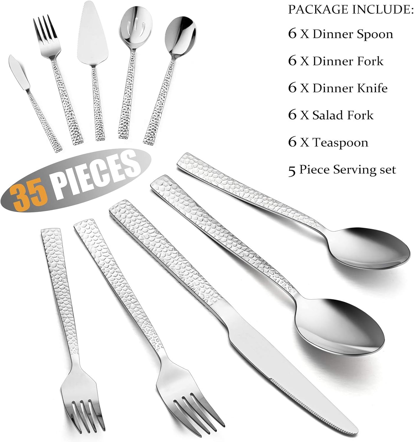 35-Piece Silverware Set with Serving Pieces, E-far Stainless Steel Hammered Flatware Eating Utensils Service for 6, Modern Tableware Cutlery Set with Square Edge, Mirror Polished, Dishwasher Safe