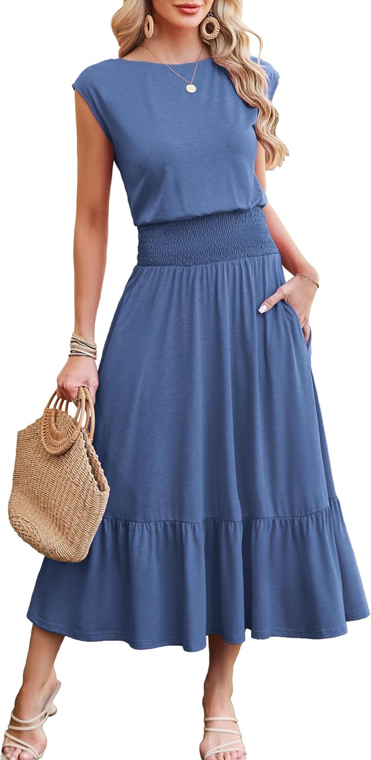 Kikibell Womens Summer Dresses Cap Sleeve Elastic Waist Midi Dress with Pocket Long Causal Sundress Beach Vacation Outfits