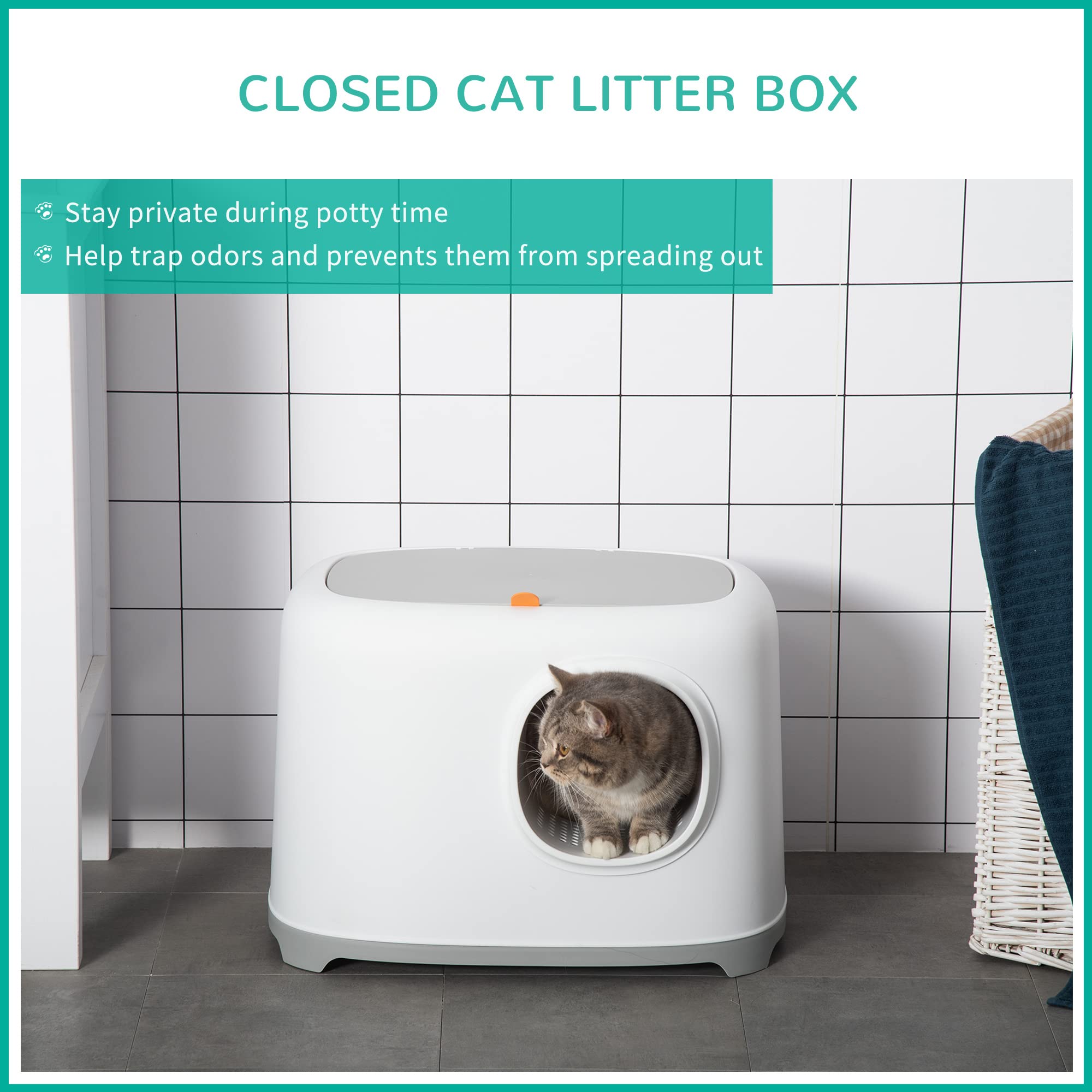 PawHut Lettiera per Gatti Apribile con Coperchio 55x40x39cm Bianca Grigia | in PP, Paletta Inclusa