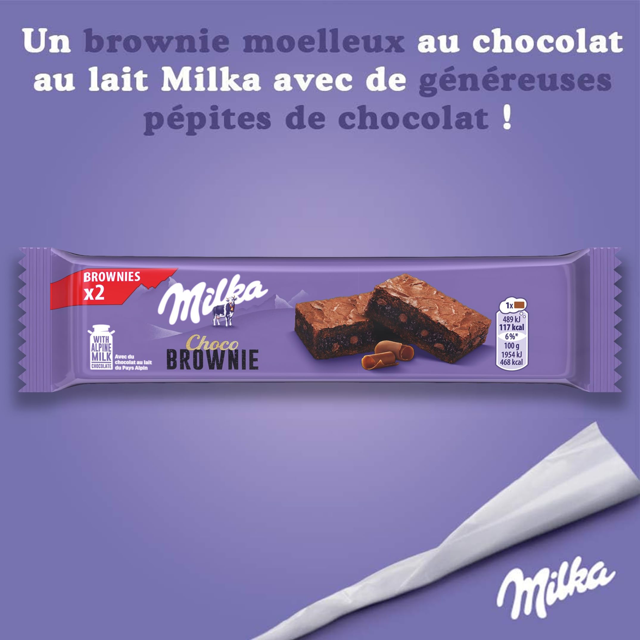 MILKA - Choco Brownie - Gâteau Moelleux Chocolat au Lait Milka et Pépites de Chocolat - Lot Gâteaux Individuels - Format Familial Pratique pour le Goûter des Enfants - Présentoir de 24 Sachets de 50g