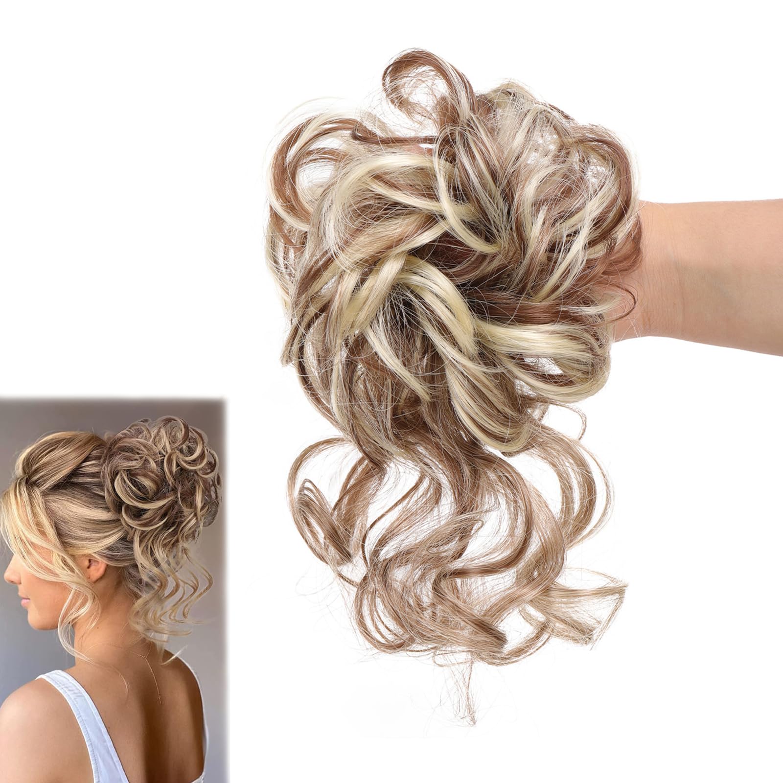 SSKHE Messy Bun Hair Piece for Women: Synthetic, Curly (Loose), Casual, Elastic Hair Bun Donut Accessories Scrunchies (White-brown)