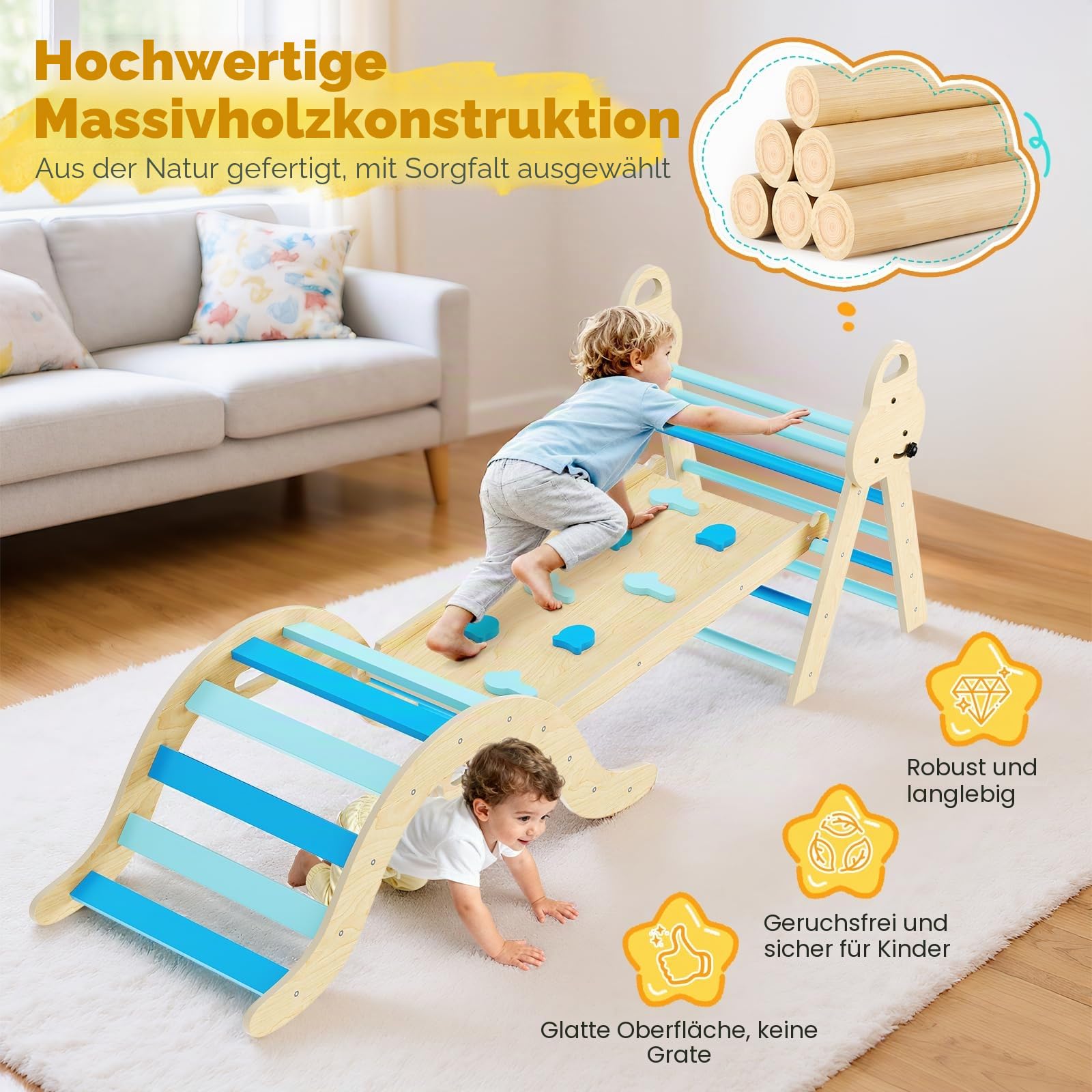 7-in-1 Montessori Klettergerüst Indoor, Kletterdreieck mit Rutsche & Kletterbogen, stabiles Holzkletterspielzeug mit Sicherheitsmatte, Indoor Spielplatz für Kinder ab 1 Jahr(Blau)