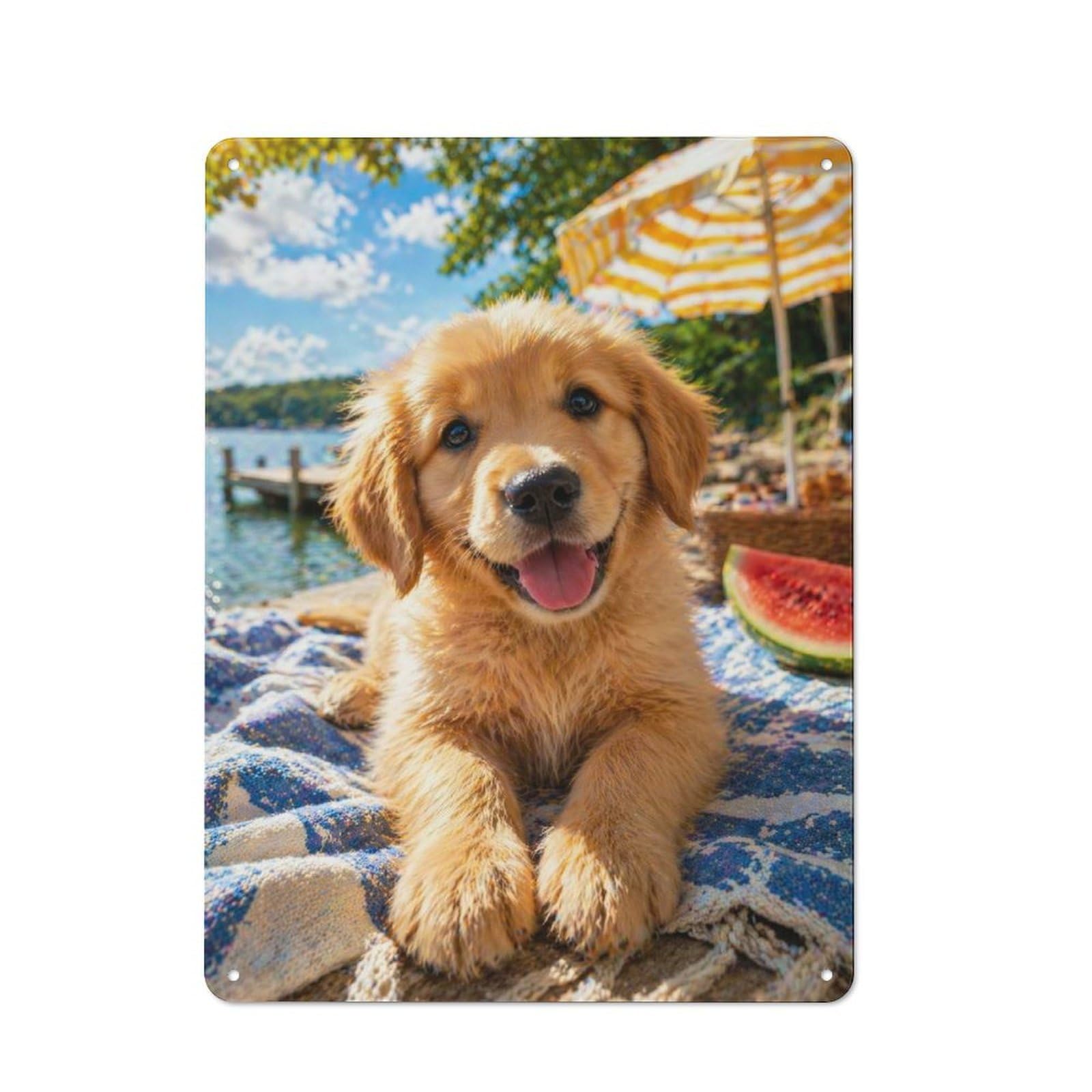 Retro Metal Wall Sign 40x30cm with Golden Retriever Puppy at The Beach for Hallway Wall, Suited to Hallway Decor Lovers