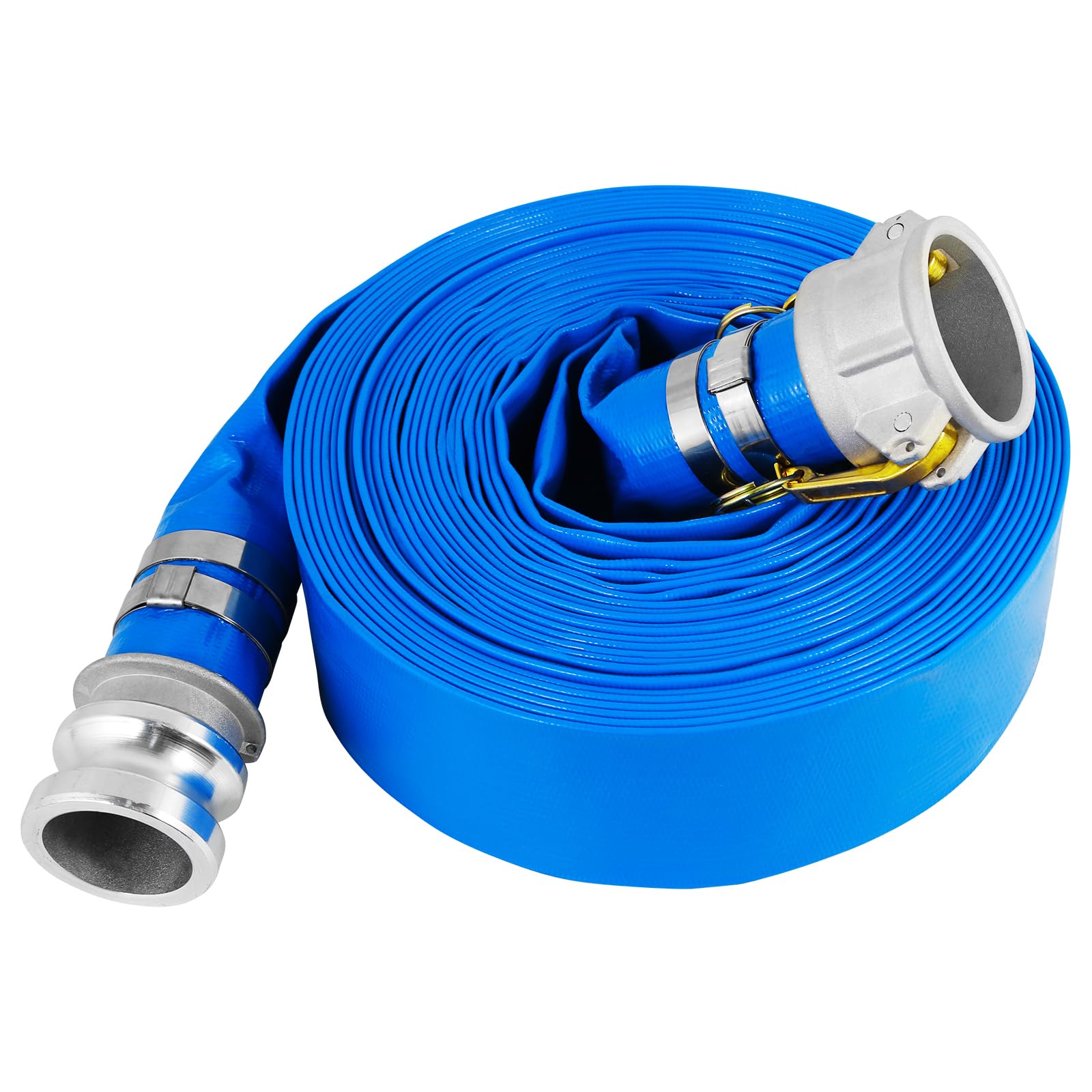 Manguera de descarga de 2 x 50 pies, manguera de lavado de agua plana de PVC resistente, manguera de drenaje de piscina duradera con accesorios CE de aluminio para bomba de agua y filtros