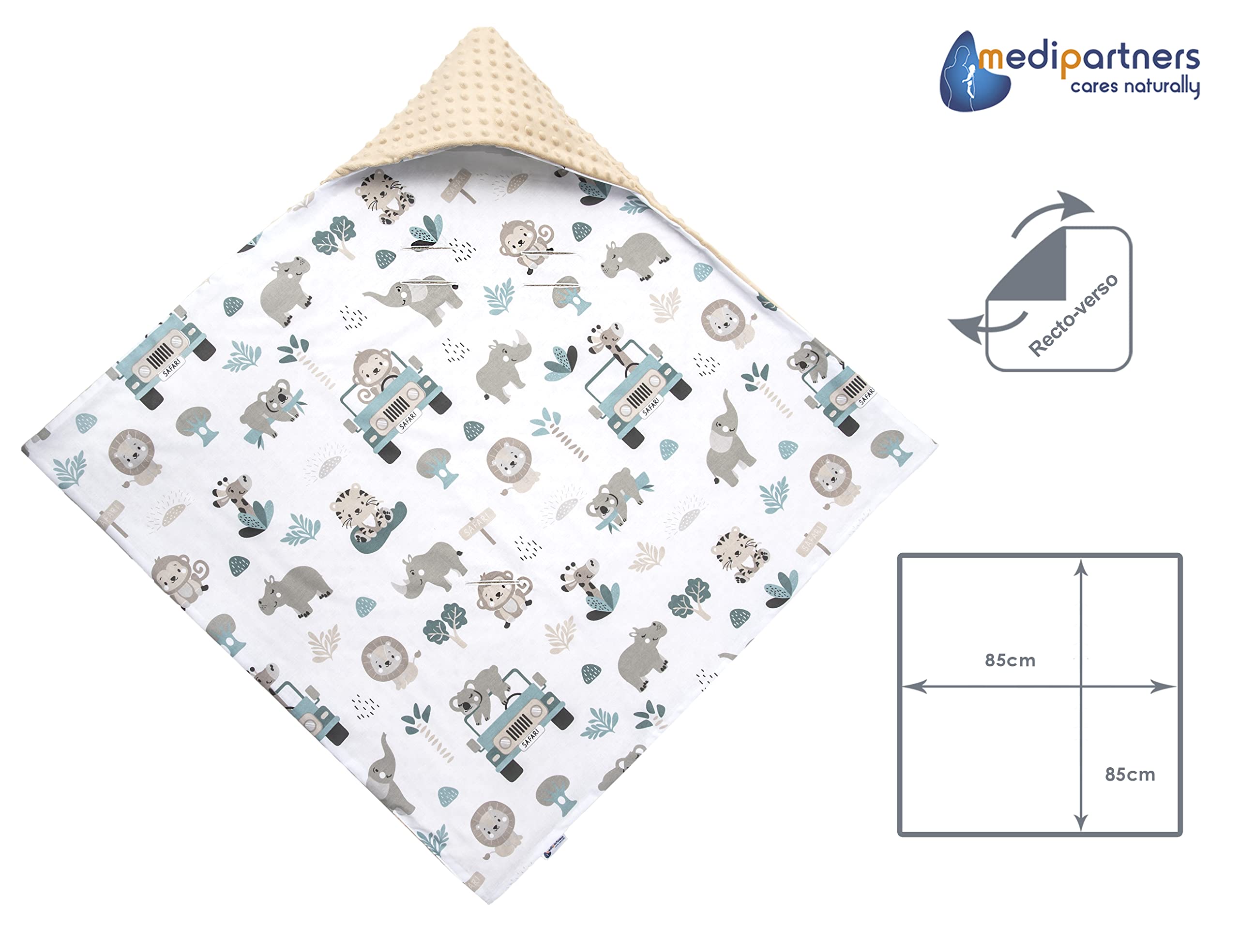 Medi Partners Coperta neonato ovetto Sacco per Passeggino - 100% Cotone universale Blanket 85x85cm fodera protettiva Morbida e Accogliente Passeggini Marsupio (Mint Zoo con Minky beige)