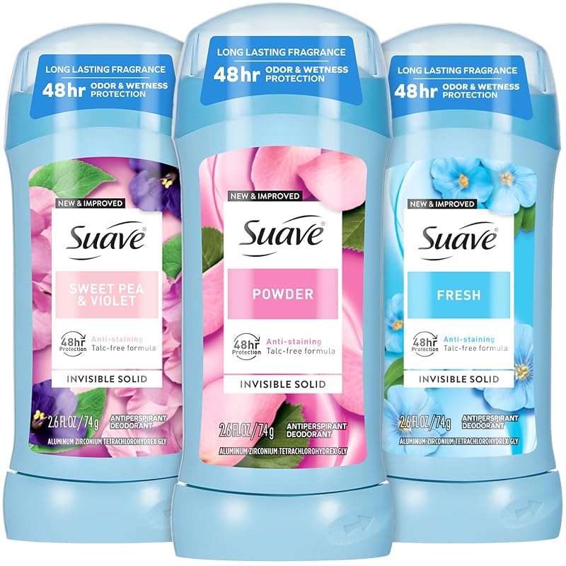 Desodorante antitranspirante Suave feminino, conjunto com 3, Powder, Fresh e Sweet Pea & Violet, sem talco, 73,7 g cada