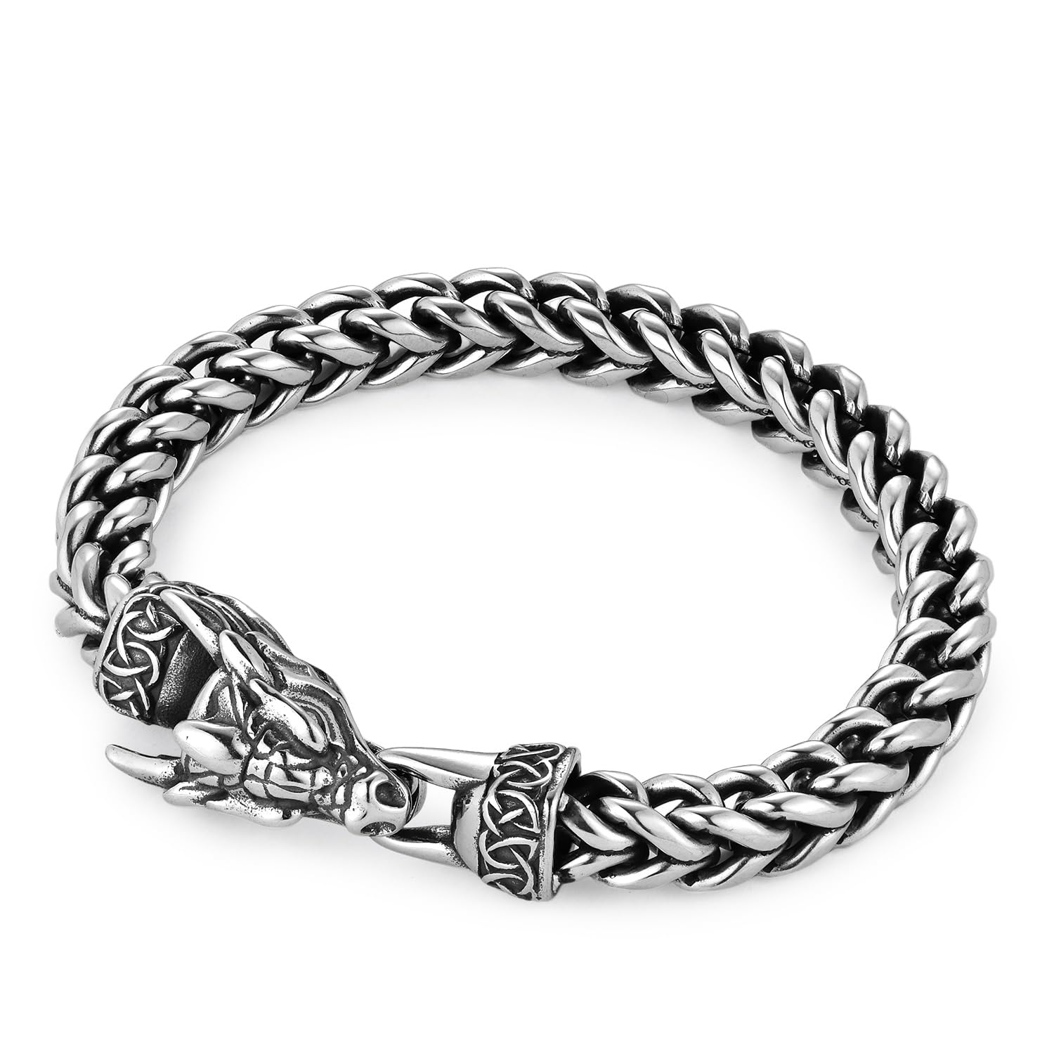 BIYONGDE Men's Dragon Head Bracelet, Stainless Steel Cuban Link Chain, Silver Color，Hiphop Punk Rock Style