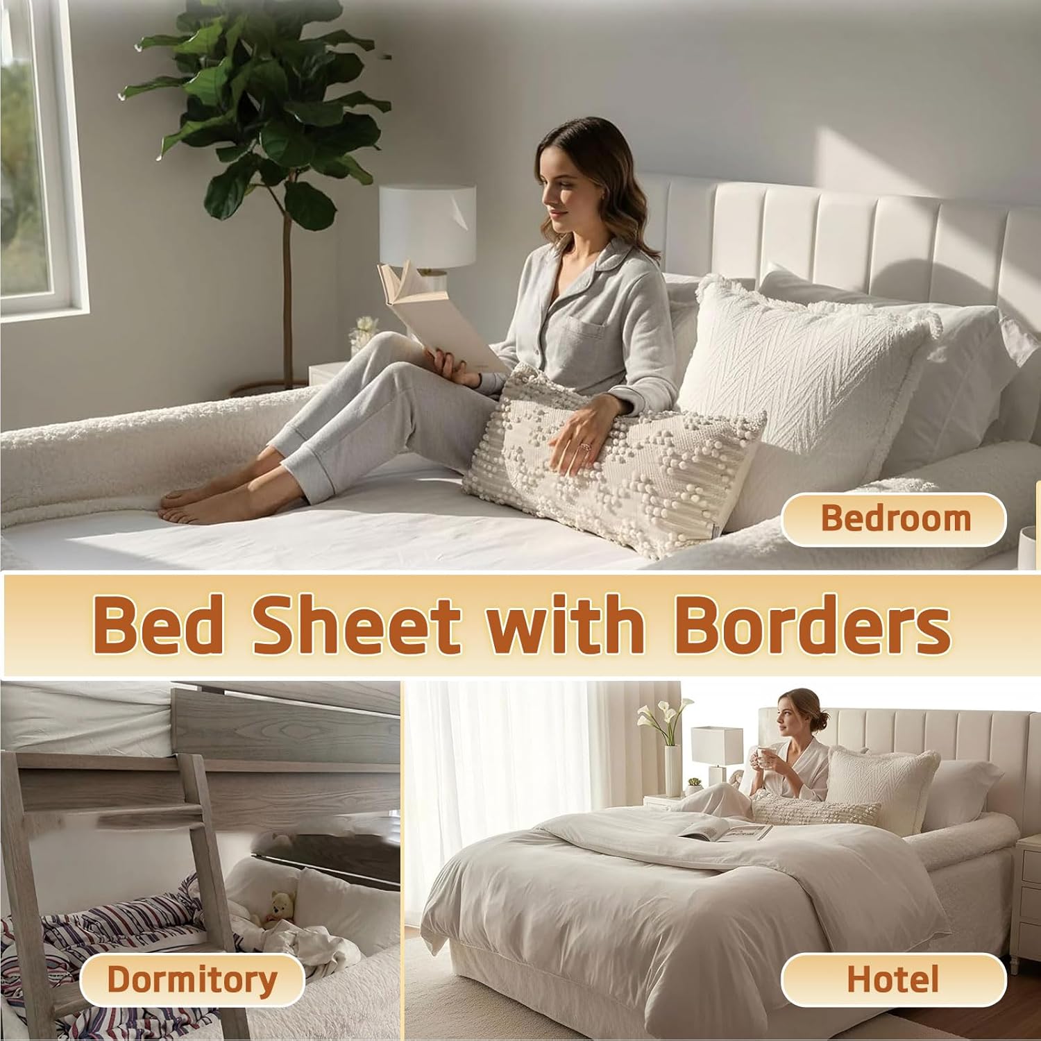 Bed Sheet with Borders Queen Size, Sherpa Fleece Bordered Bed Sheet with Padded Raised Edges, Soft Warm Fitted Sheet for Secure Sleep, Non-Slip Zippered Mattress Cover, Washable,80" x 60" x 14"