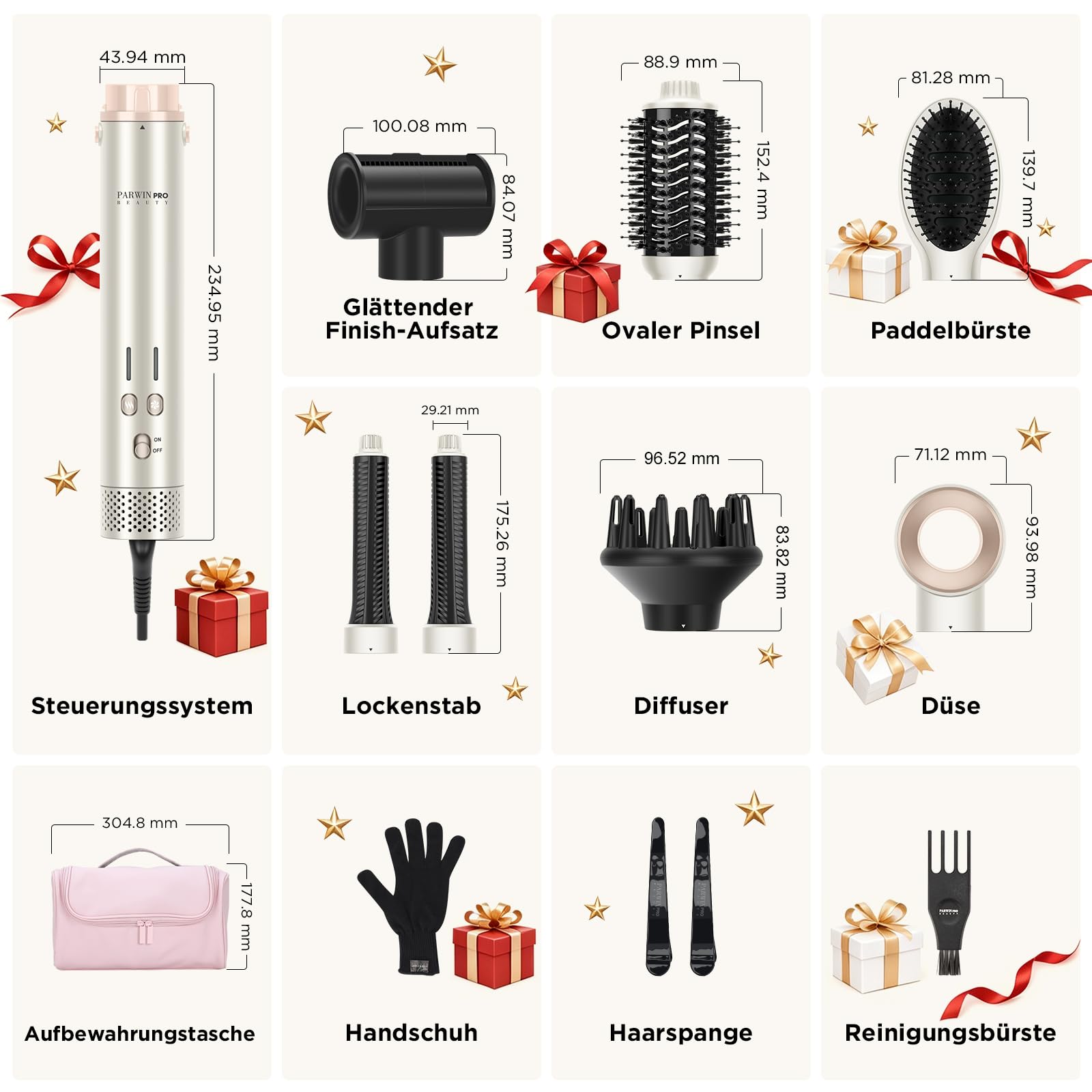 7 in 1 AirStyler, Automatische Doppelspannung MaxAIR 2.0 Multi-Styler Set | mit Luftglätter, 28mm automatischer Lockenwickler, 110000 U/Min, Glättender Finish-Aufsatz, Diffusor, Champagnersilber