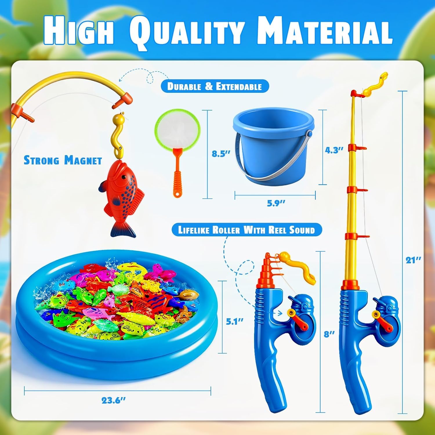 Set di pesca alla linea magnetica XXL 59 pezzi con piscina per bambini, giocattolo d'acqua e piscina per bambini 3 4 5 anni, set completo per giardino, spiaggia e bagno, inclusi 4 canne da pesca, 4