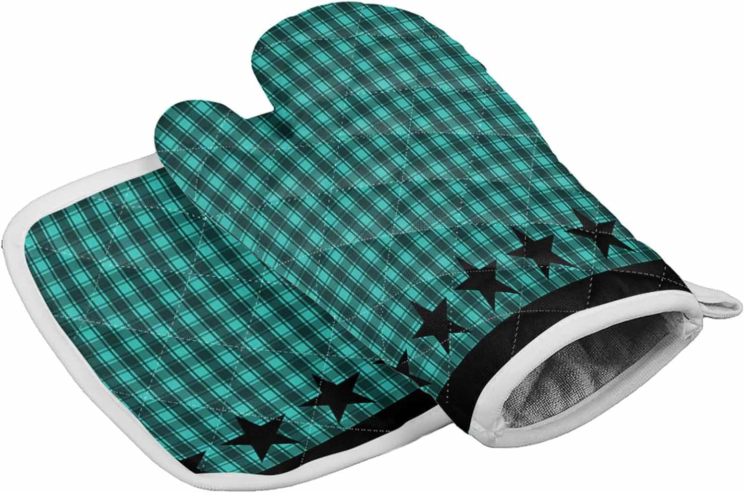 耐熱ミトン 鍋つかみ オーブン 耐熱グローブ オーブングローブ 格子柄 星柄 青 黒 やけど防止 滑り止め キッチン 2点セット ミ