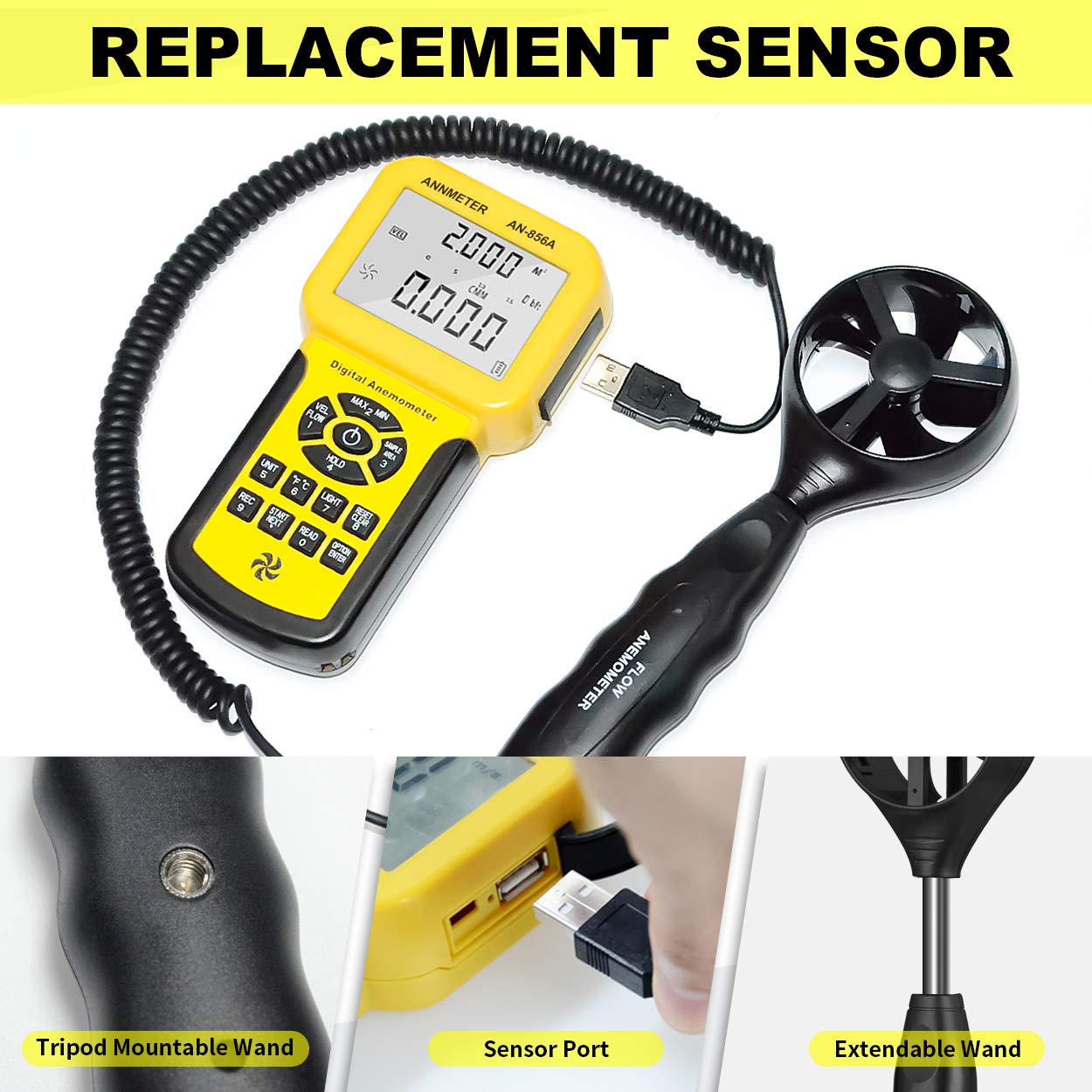 HVAC Air Flow CFM Meter, AIOMEST Handheld Anemometer Measure Airflow Wind Speed Velocity Temperature, Professional Air Vent Ductwork Velometer Gauge AI-856A with Data Logging