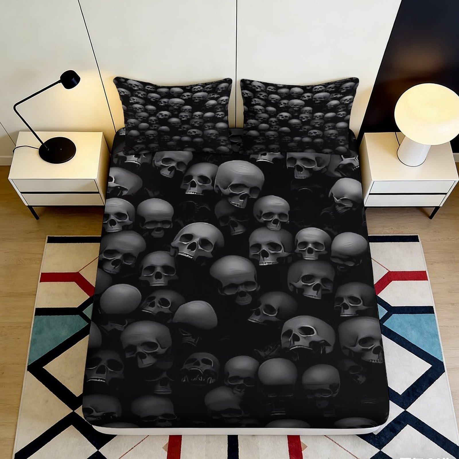 Pnayamiorkfel Style-8 3D Printed Skull Pattern Fitted Sheet Microfiber Black Gothic Skeleton Bed Cover For Bedroom Dorm Mattress Protection Decor 90X200x25cm
