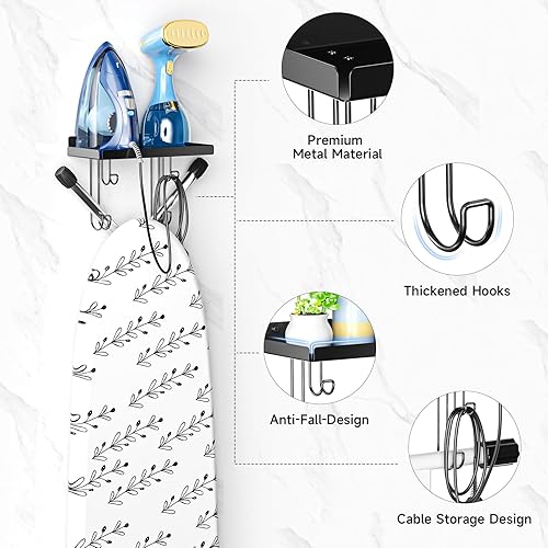 Miniatura 2 de Soporte para tabla de planchar montado en la pared, soporte de hierro negro para lavandería, colgador de pared de metal con estante de