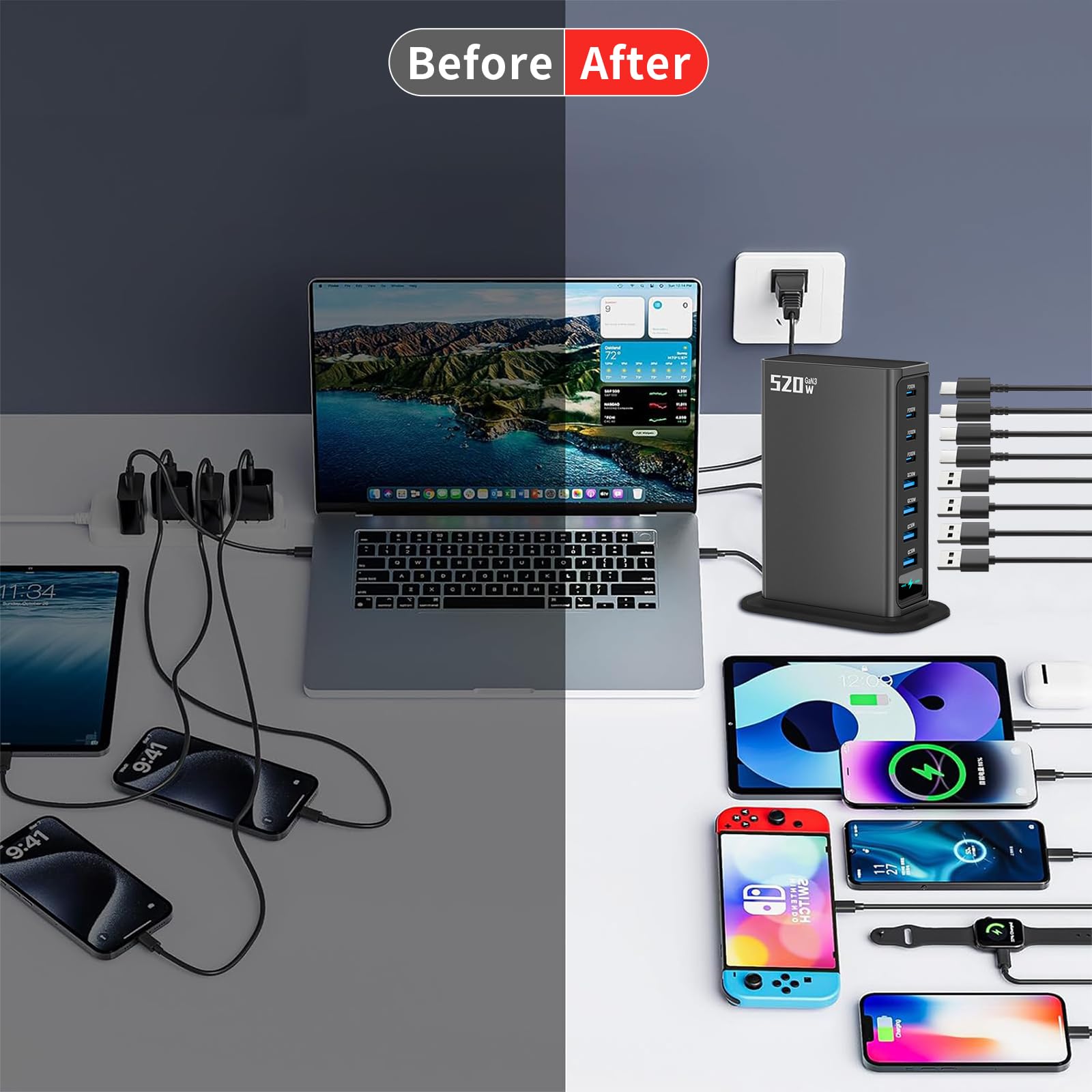 Blok ładowarki USB C 520 W | 8 portów GaN szybka stacja ładująca koncentrator | PD 100 W typ C i USB A ładowarka do laptopa | do MacBooka Air/Pro, iPhone'a, iPada, konsol do gier | podróż do użytku
