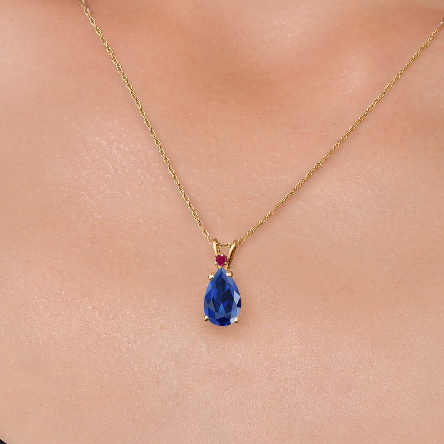 Gem Stone King 14K Yellow Gold Blue Created Sapphire and Red Created Ruby Pendant Necklace for Women | 3.62 Cttw | Gemstone September Birthstone | Pear Shape 12X8MM | With 18 Inch Chain - Image 3