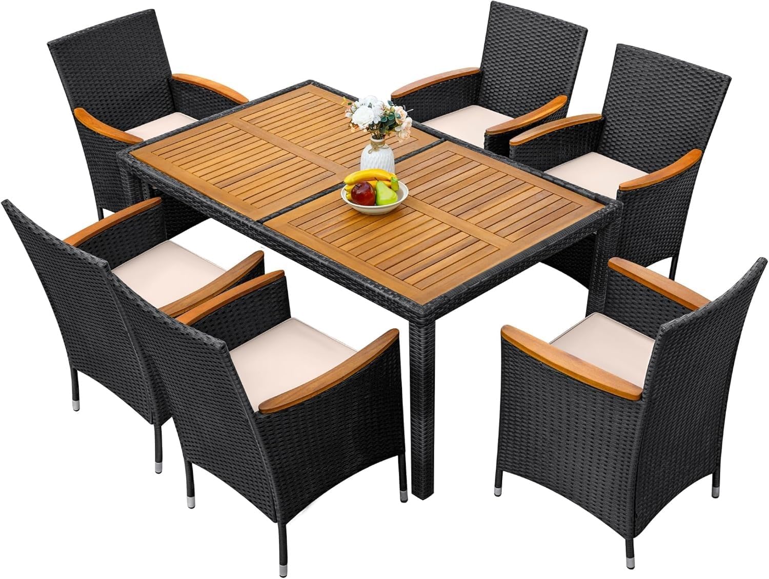 7 Pieces Outdoor Patio Dining Set with 1 Table and 6 Rattan Chairs Curved Wooden Armrests Cushions Conversation Sets for Backyard Porch Balcony