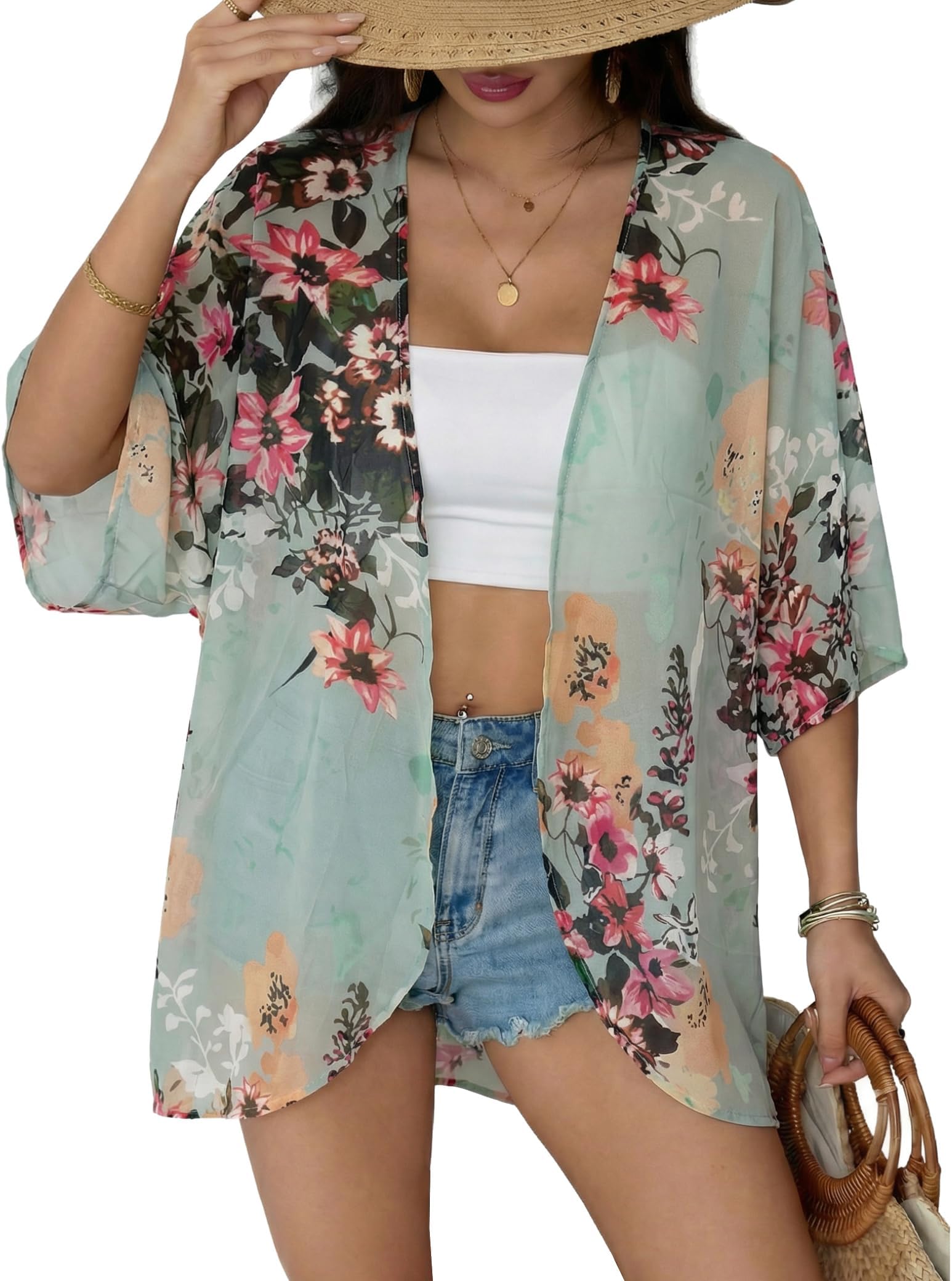 Chunoy Women Floral Beach Wear Cover Up Chiffon Kimono Cardigan Open Front Blouse Top