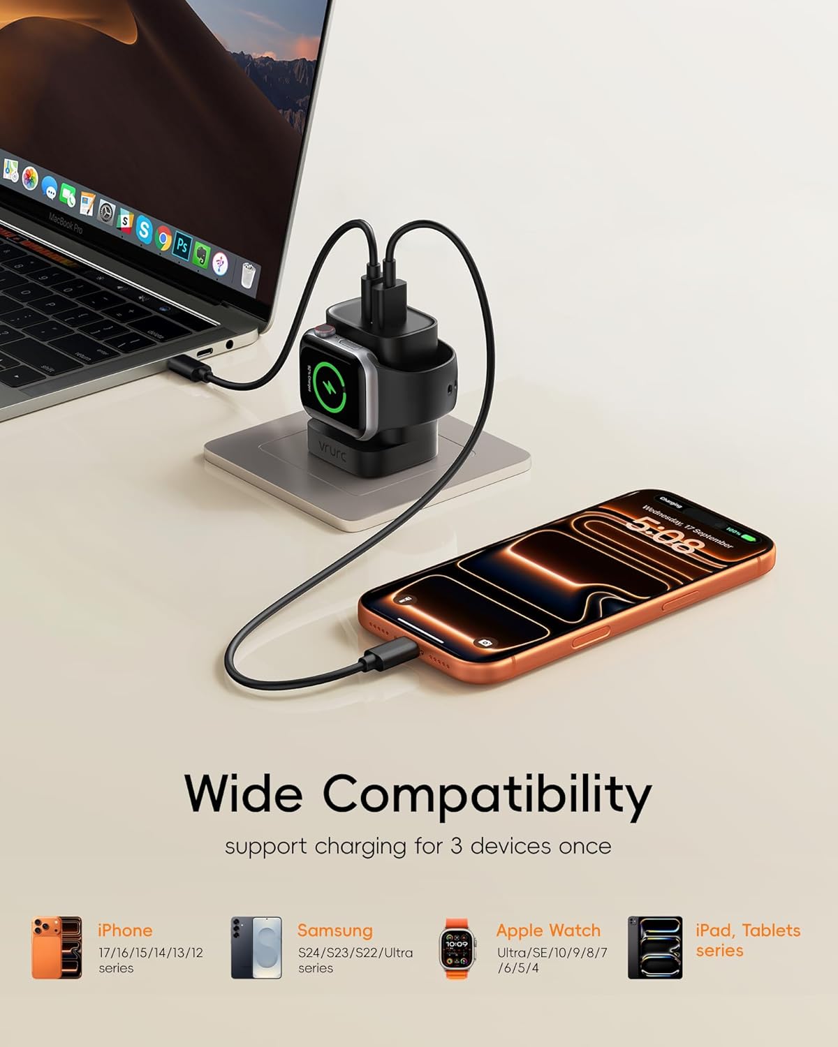 VRURC Charger for iPhone & Apple Watch, 20W USB C Fast Charging Block, 3-in-1 Compact Travel Adapter with 2 Port for iPhone 17/16/15/14/13, Wireless Magnetic for iWatch SE/11/10/9/8/7/6/5/4-Black