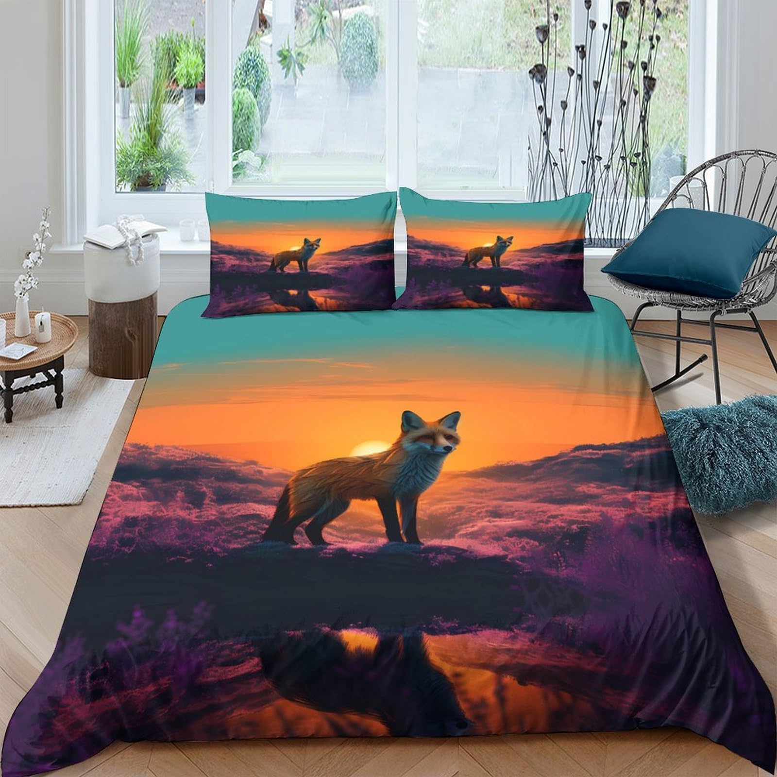 GPLZQXKJNH 3D Printed Sunset Fox Duvet Cover Microfiber Soft Breathable Mountain Landscape Bedding Set with 2 Pillowcases for Bedroom Decor Single（135x200cm）