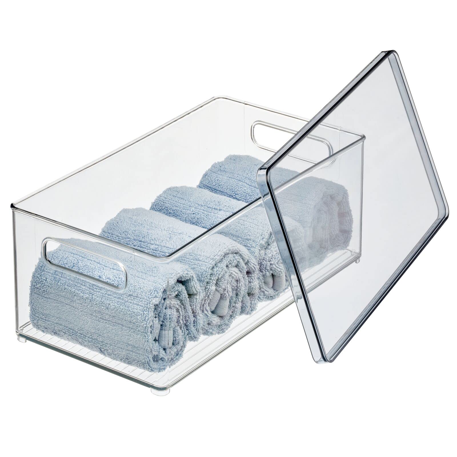 mDesign 4er-Set Kosmetik Organizer – praktische Kosmetikaufbewahrung aus Kunststoff mit abnehmbarem Deckel – stapelbare Kunststoffbox zur Aufbewahrung von Kosmetik und Make-up – durchsichtig/grau