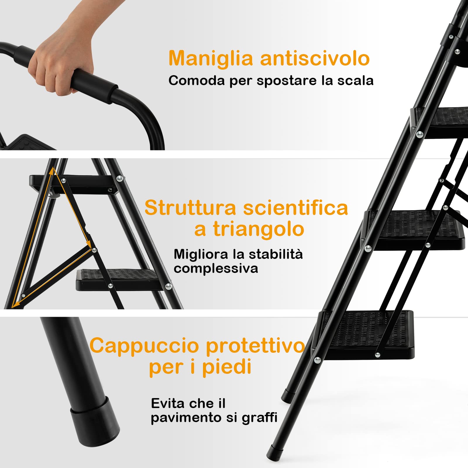 COSTWAY Scala Pieghevole a 3 Gradini con Corrimano in Metallo | Scaletta Pieghevole con Ampio Pedale, Piedi Antiscivolo, Carico 265kg, Nero