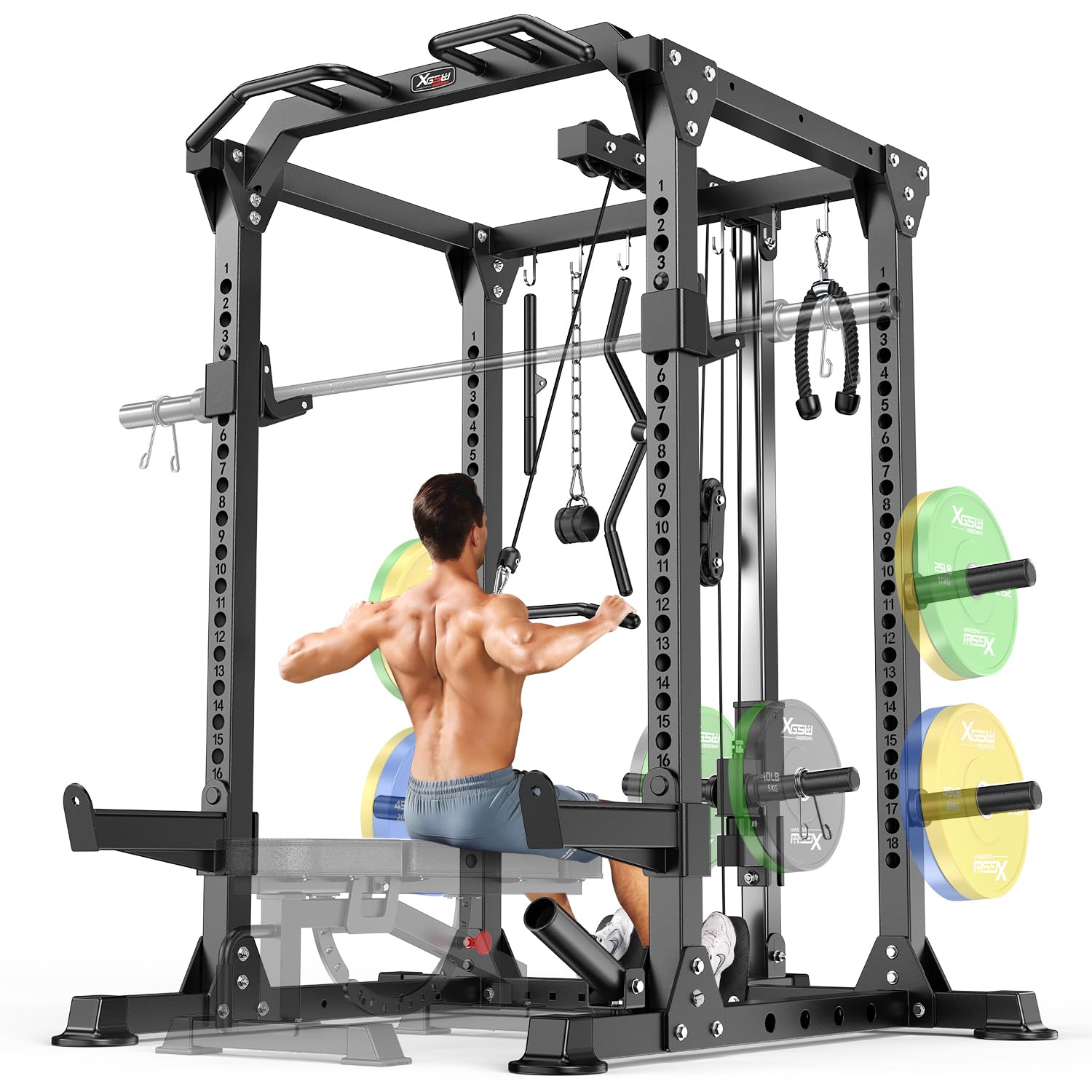 XGSW XINGESIWR Power Cage Multi-Function Power Rack with Cable Crossover System,1800 LBS Capacity Squat Rack with Weight Bench,for Home Gym