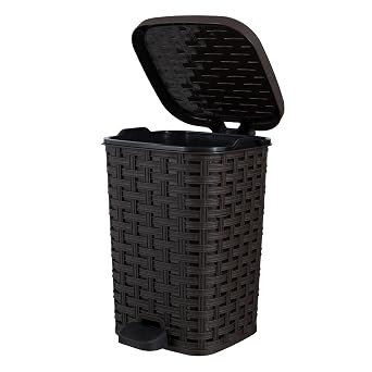 Superio Mini Trash Can with Foot Pedal Small Outdoor Garbage Can with Lid, 1.5 Gallon Plastic Waste Basket for Bathroom, Bedroom, Kitchen, Office, Patio Wicker Brown 6 QT.