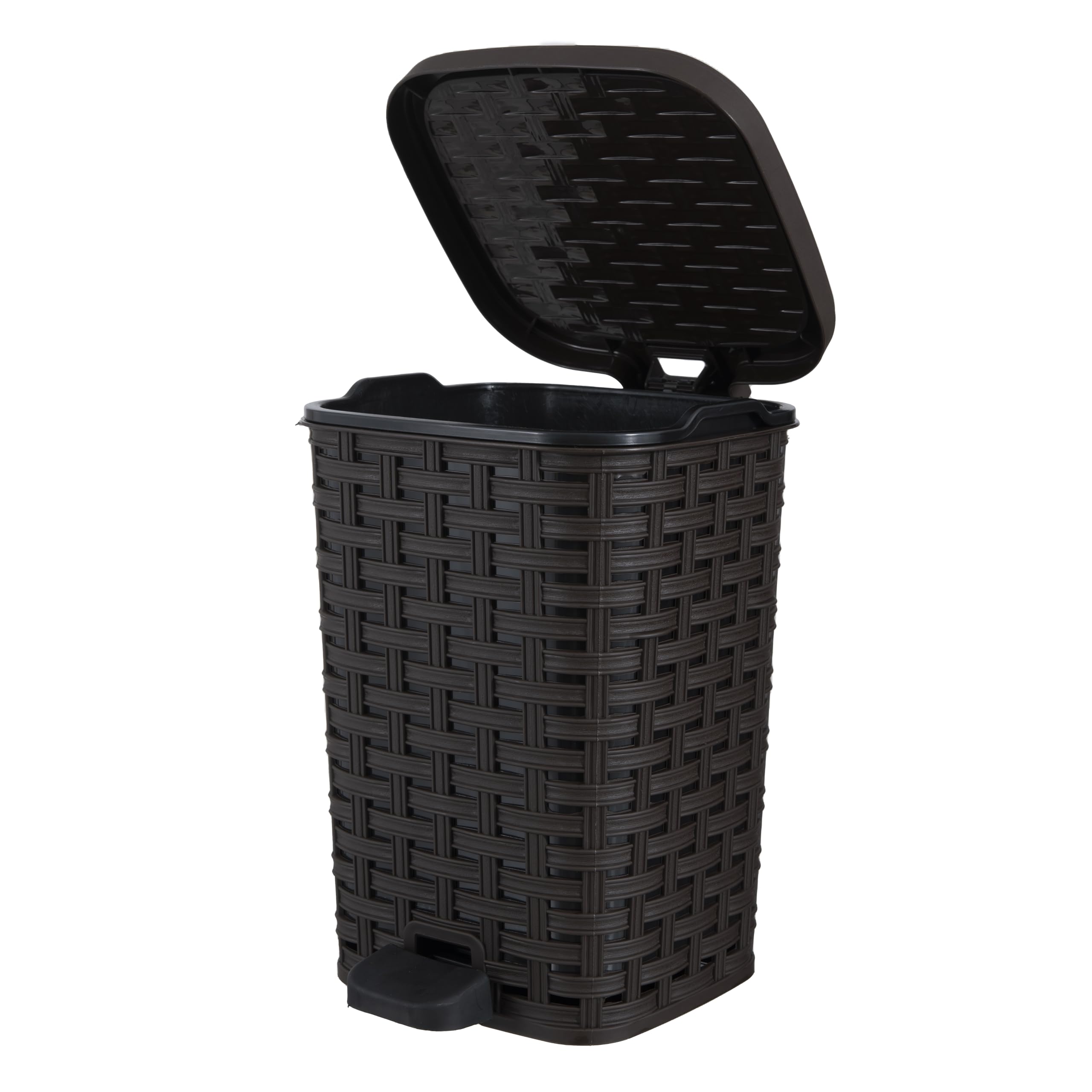 Superio Mini Trash Can with Foot Pedal Small Outdoor Garbage Can with Lid, 1.5 Gallon Plastic Waste Basket for Bathroom, Bedroom, Kitchen, Office, Patio (Wicker Brown 6 QT.)