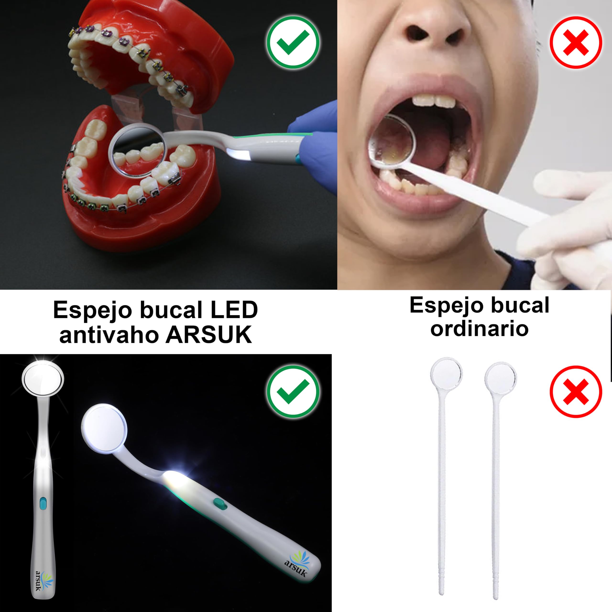 ARSUK Espejo dental LED antivaho 15 cm para inspección bucal, paquete de 2
