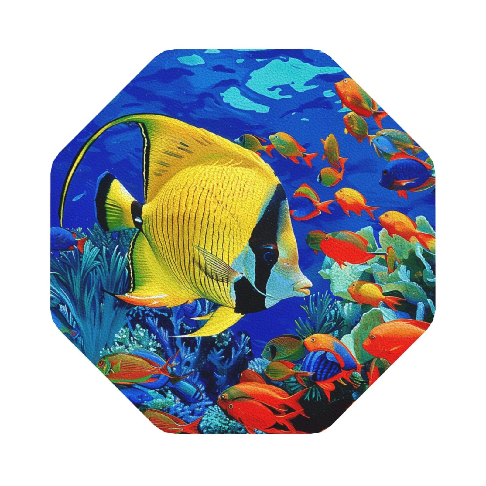 Tropical Sea Fish Print Leather Coaster Set of 6, Octagon Coasters Table Decorative Coffee Cup Beverage Coasters Wine Beer Bar Coasters for Hot Drinks Table Protection