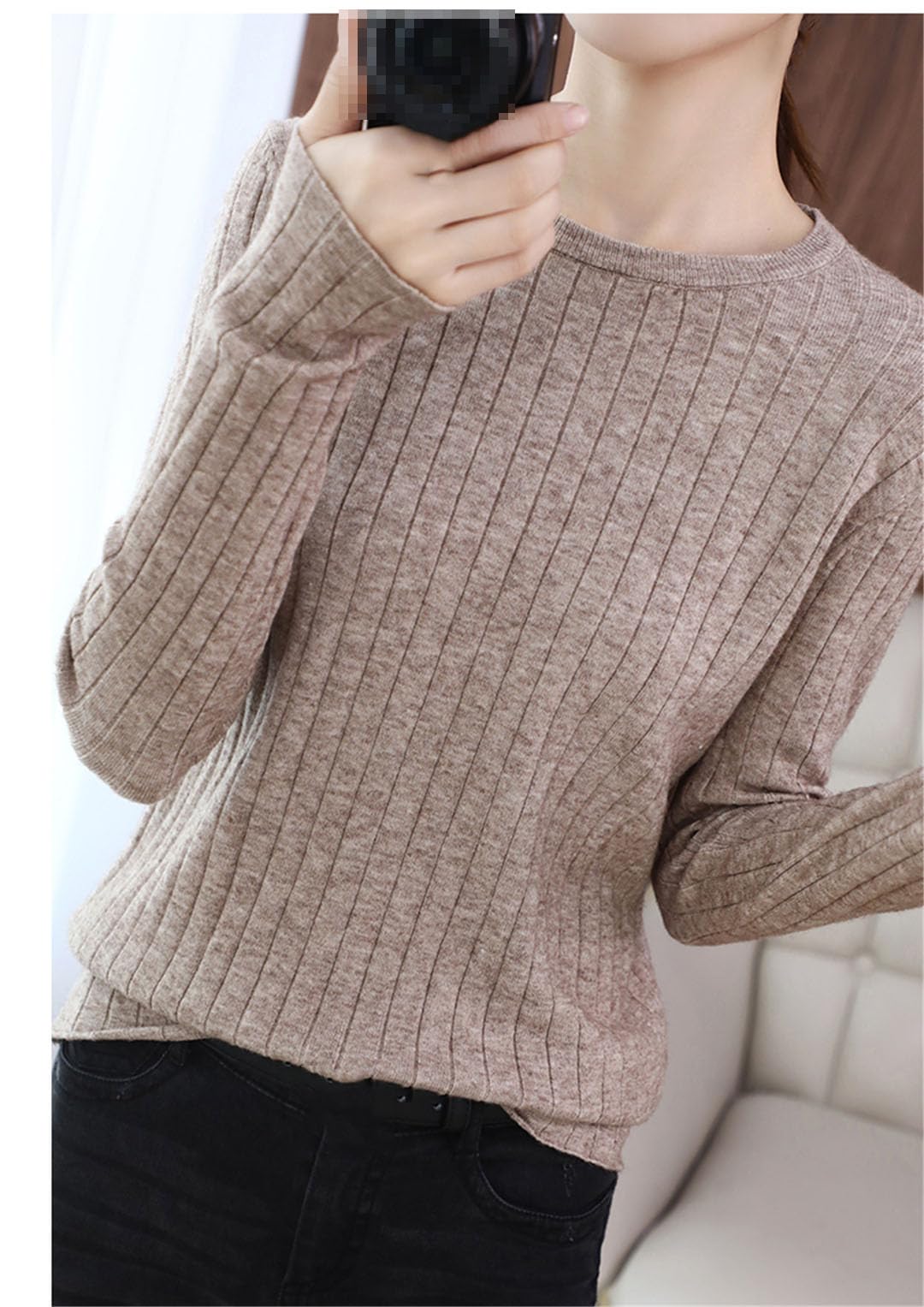 Vogrtcc Pull Tricoté Décontracté À Manches Longues Et Col Rond pour Femme, Coupe Ajustée, Basique, Col Rond