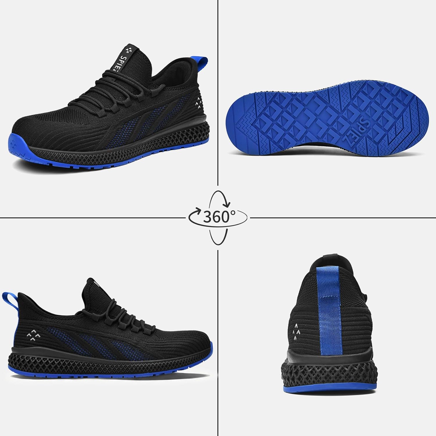 SPIEZ Composite Toe Safety Shoes for Men Women,Non Slip Comfortable Breathable Mesh Work Shoes for Construction,Warehouse,Black Blue