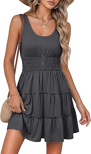 Dokotoo Vestidos de verano para mujer, sin mangas, con botones, cintura imperio, con volantes, escalonados, casual, mini vestido con vuelo
