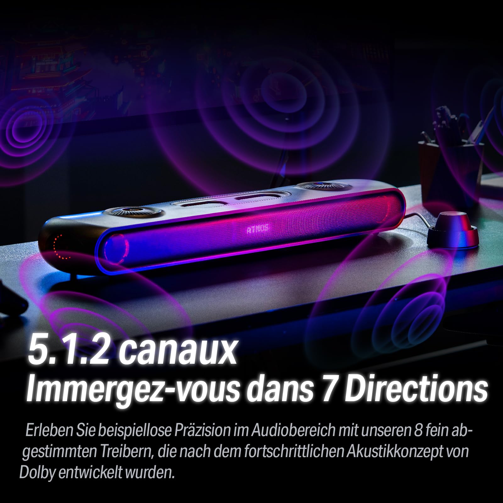 OXS Thunder Pro 5.1.2 Barre de Son de Jeu avec Dolby Atmos, Connexion Bluetooth Multi-Appareils, Caisson de Basses intégré, 3 Modes de Jeu Professsionnels, pour Les PC et Les Consoles de Jeu