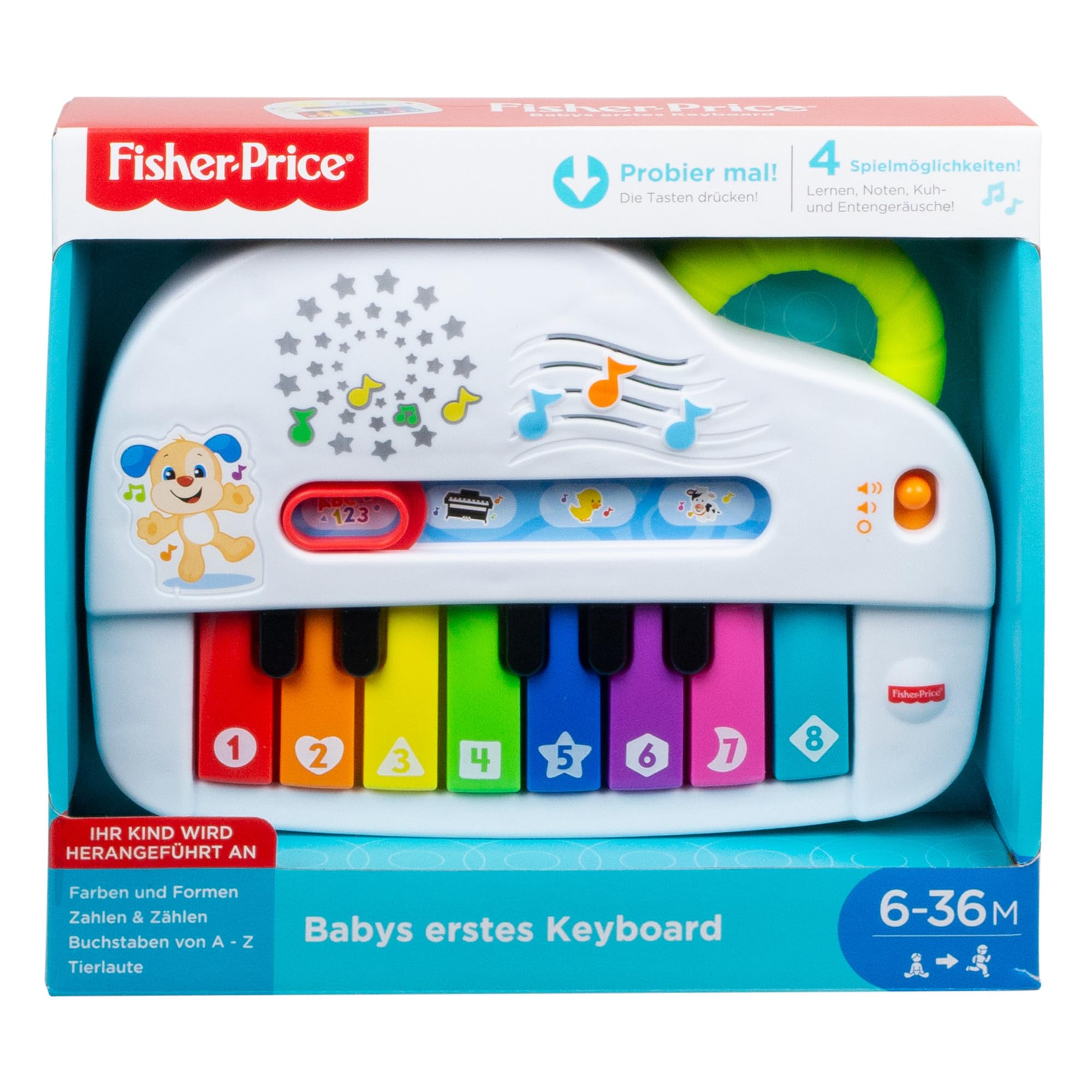Fisher-Price Babys erstes Keyboard - tragbares Spielzeugklavier mit 4 Spielmöglichkeiten, Liedern, Lichtern und Geräuschen, spielerisches Lernen, spricht deutsch, ab 6 Monaten/ 1 Jahr, GFK01