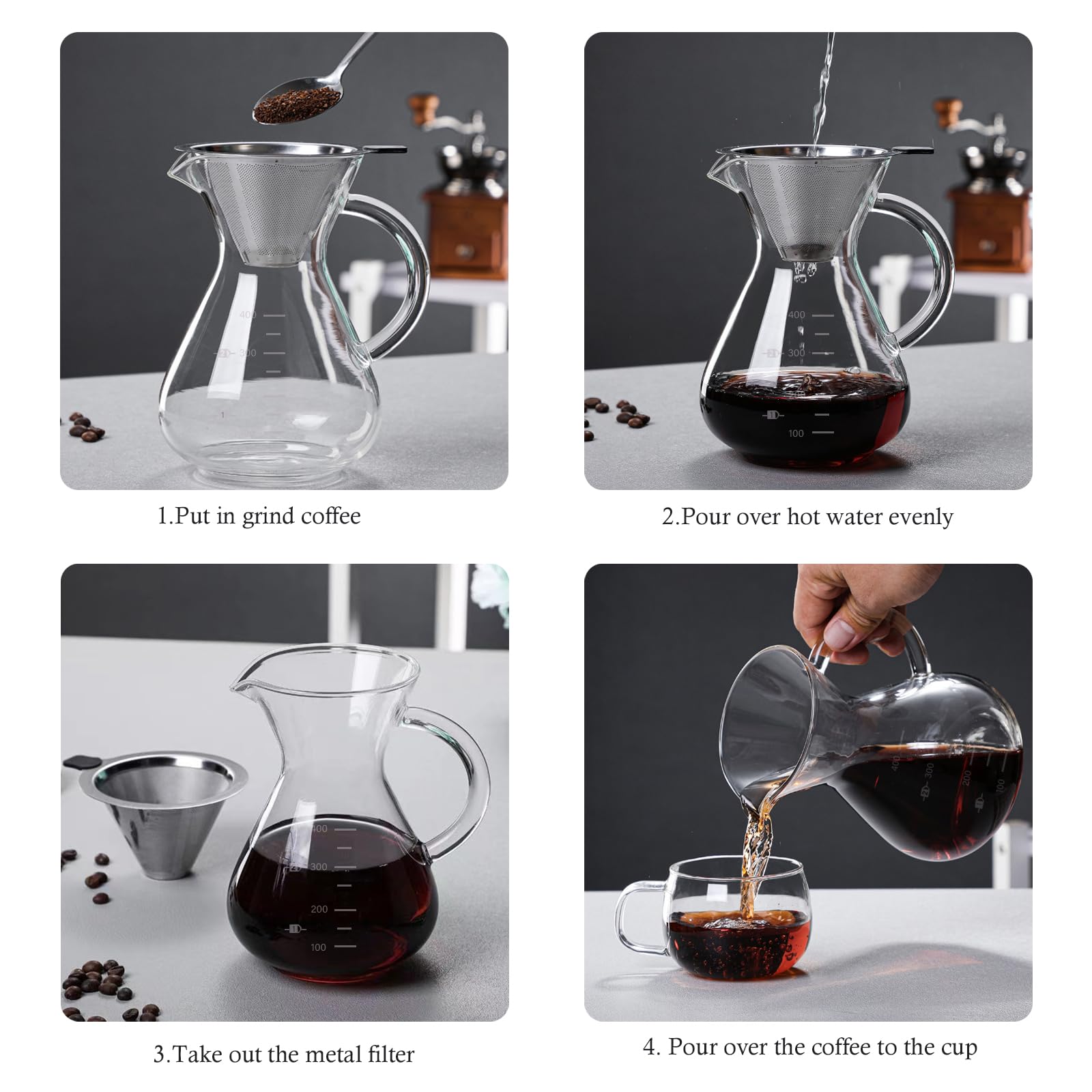 Cafetière Manuelle, 400ml Verre Cafetière Filtre avec Filtre Café Permanent et Poignée Résistante à la Chaleur, Permet de Préparer Jusqu'à 2 à 3 Tasses pour la Maison