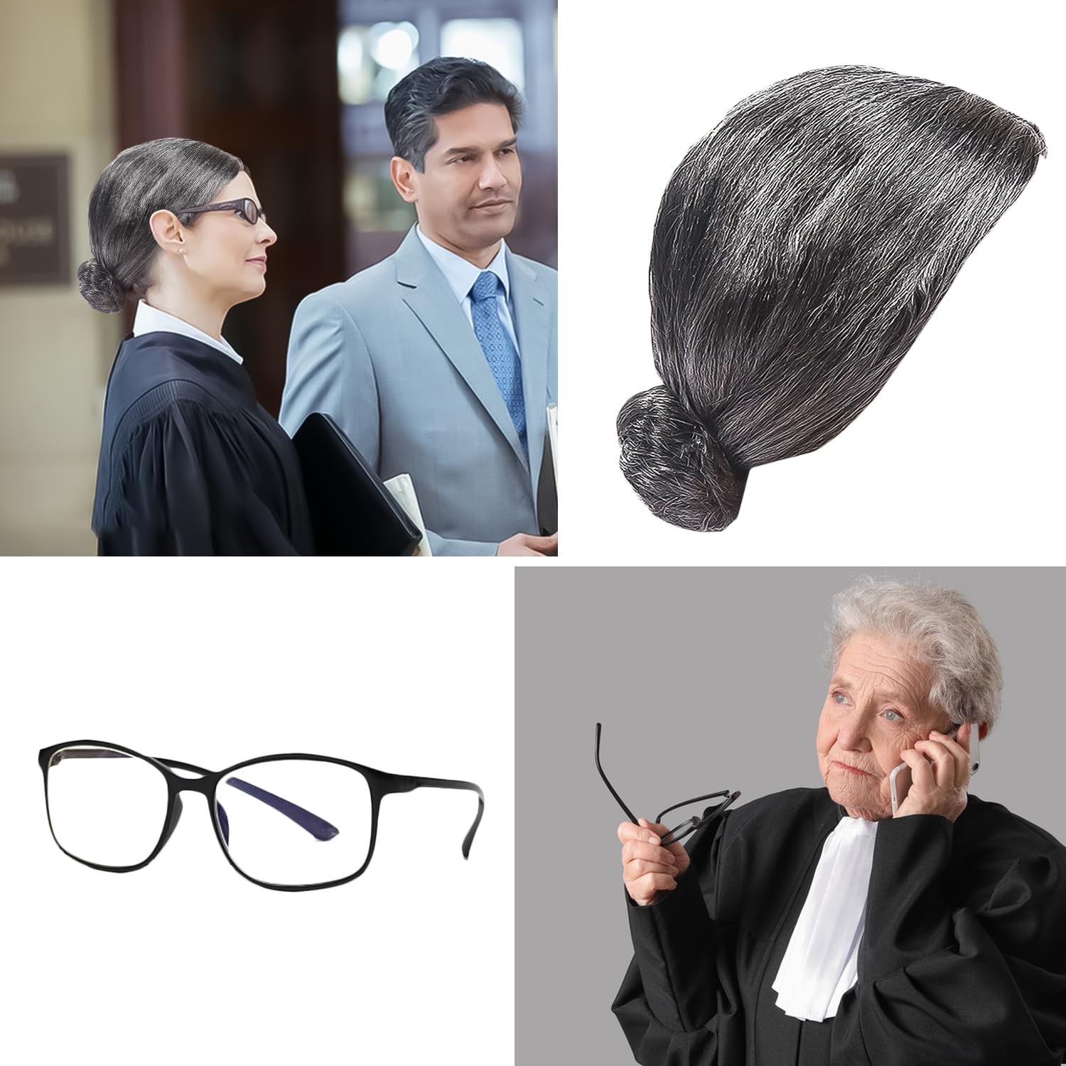 Nereds 4pcs Judge Costume Accessories Set Gray Wig Plastic Frame Glasses Gavel Hammer False Collar Halloween Lawyer Costume for Halloween Cosplay Party Favor - Image 2