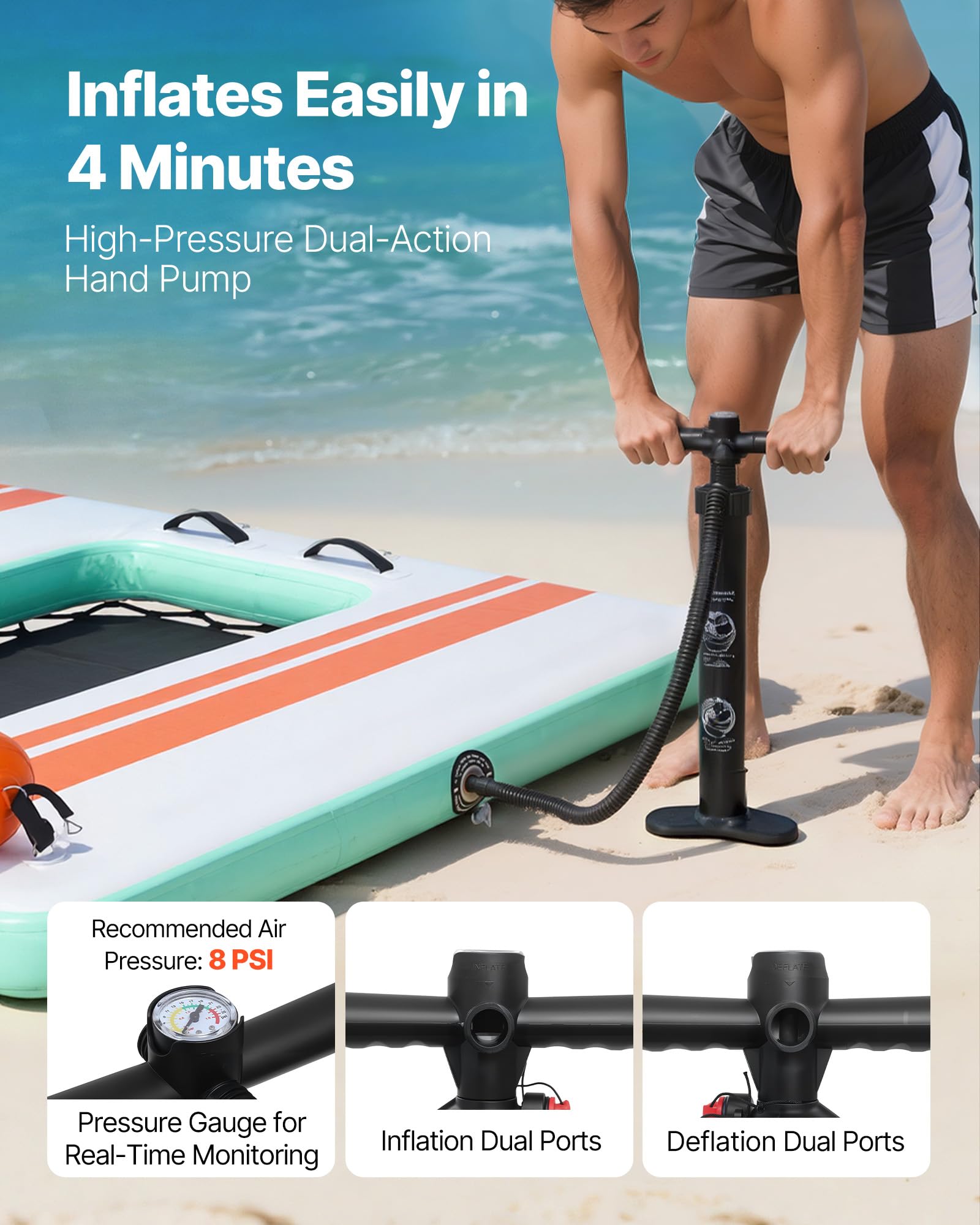 VEVOR Colchoneta para Piscina 2,44 x 1,83 m, Flotador Inflable Gigante en Forma de Rectángulo, con Malla Escalera Desmontable Rampa de Tobogán, Hamaca Inflable Isla de Agua para Piscina Playa Lago