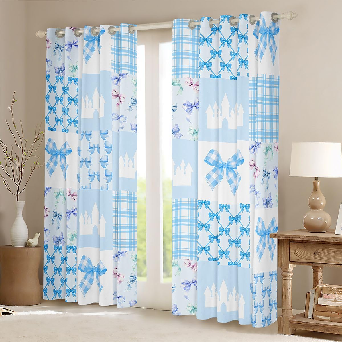 Homewish Kawaii zasłony okienne z kokardą, 132 x 160 cm, 2 zestawy paneli – wstążka kokarda zasłony zaciemniające dla nastolatków, uroczy zamek, zasłony okienne, muszka do sypialni