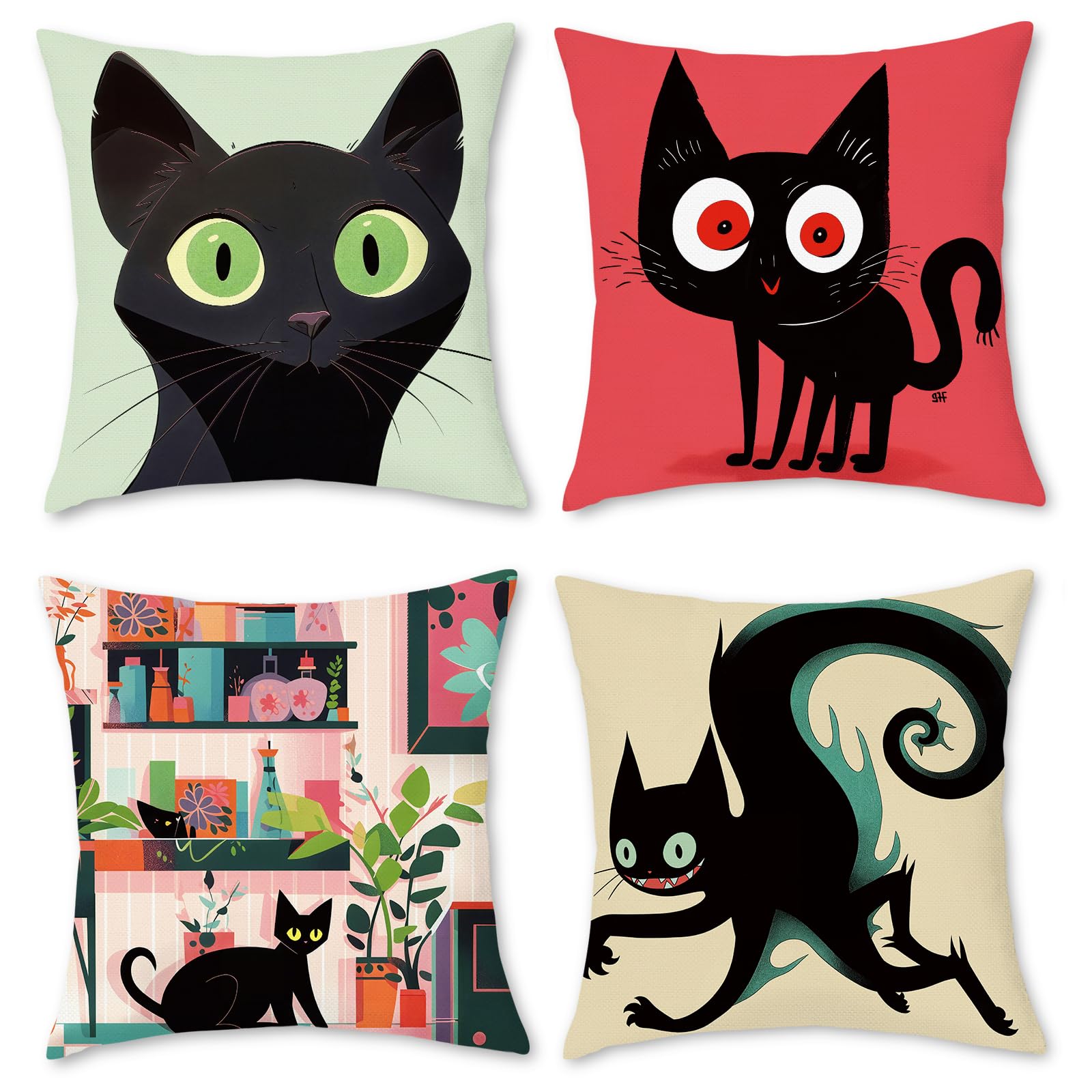 BREASOME Cushion Covers 45 x 45 cm Set of 4 Black Cat Cushion Covers Polyester Decorative Square Throw Pillow Cases for Sofa Couch Bedroom Living Room