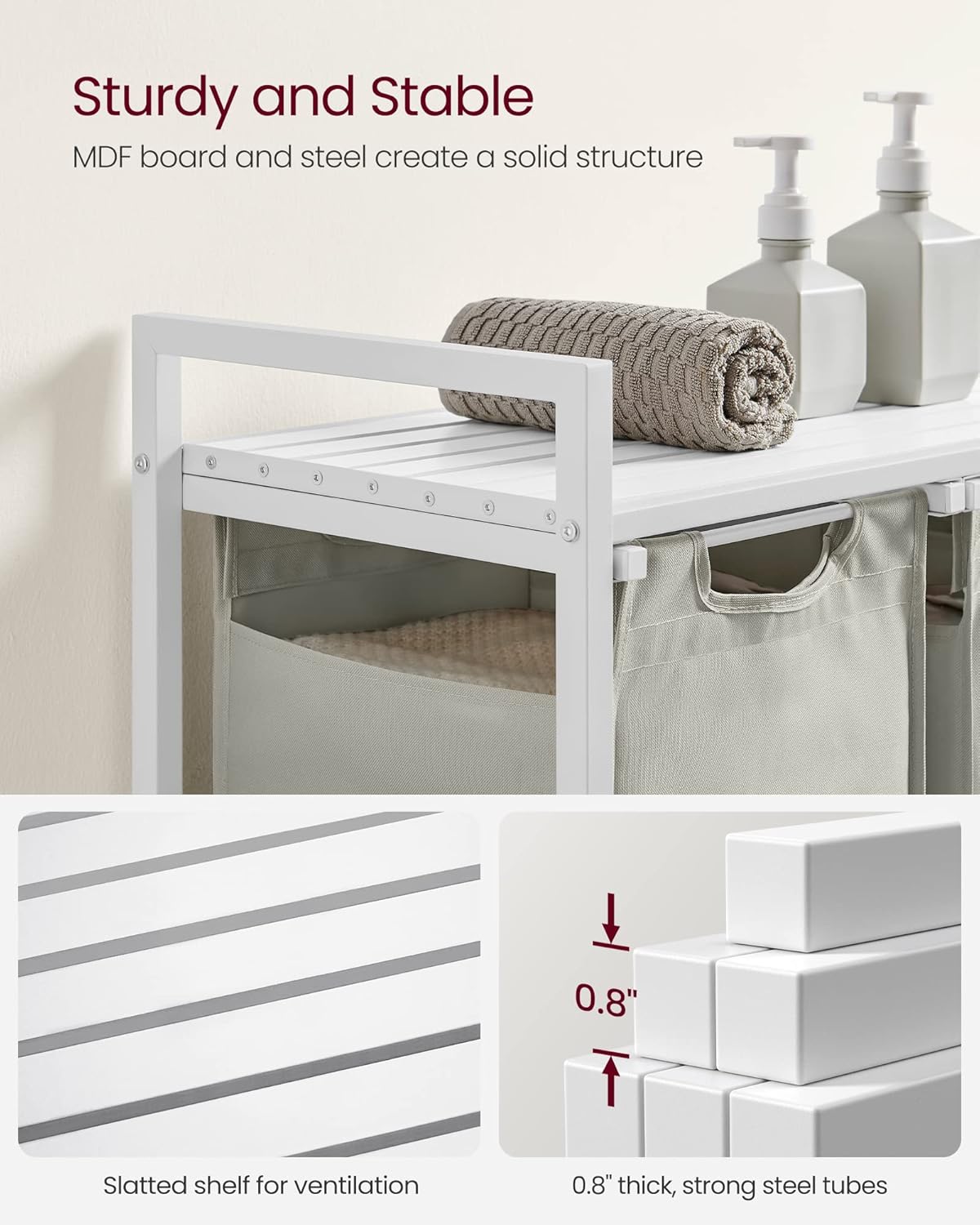 VASAGLE Laundry Hamper, Laundry Basket, Laundry Sorter with 3 Pull-Out and Removable Bags, Shelf, Metal Frame, 3 x 10.6 Gallons (40 L), 36.4 x 13 x 28.4 Inches, Cream White and Cloud White UBLH301W01