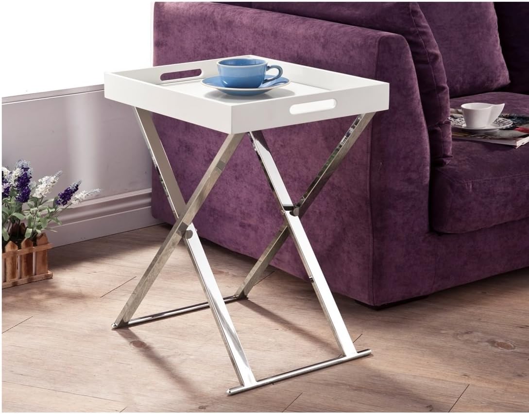 Accent Table with Traditional Square Shape Made with Chrome Contruction in White Finish