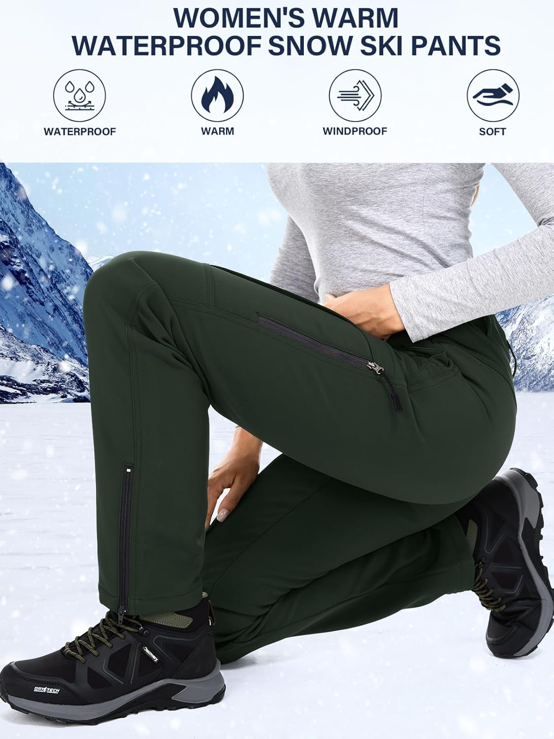 Womens Snow Pants Winter Waterproof Outdoor Soft Shell Fleece Linded Ski Hiking Pants - Image 7