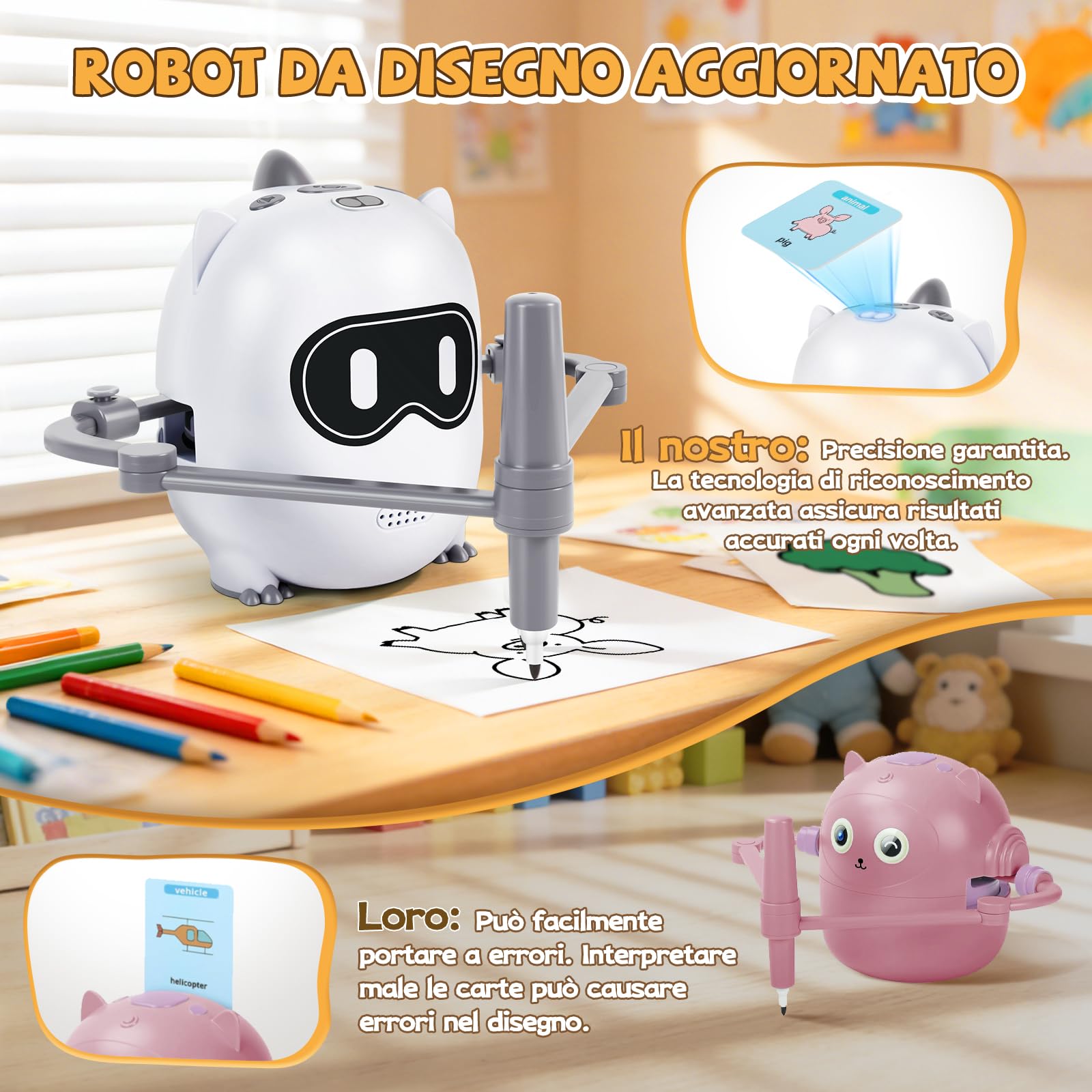 Charmofun Robot da colorare per bambini, 200 carte educative, robot da disegno per bambini con riconoscimento della fotocamera, macchina da disegno educativa interattiva, giocattolo educativo